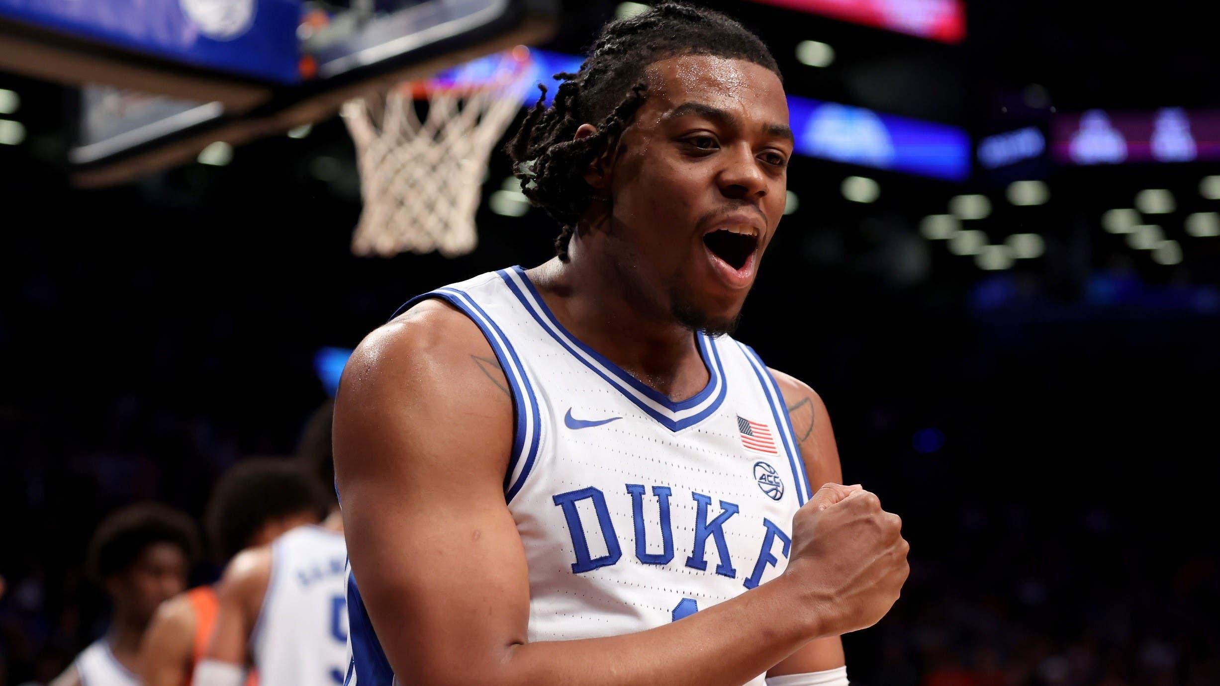 Mar 12, 2022; Brooklyn, NY, USA; Duke Blue Devils guard Trevor Keels (1) reacts during the second half of the ACC Men's Basketball Tournament final against the Virginia Tech Hokies at Barclays Center. / Brad Penner-USA TODAY Sports