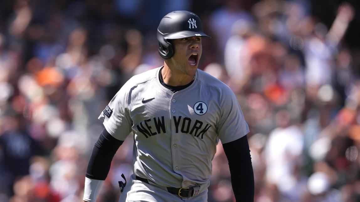 New York Yankees right fielder Juan Soto (22) reacts after hitting a home run against the San Francisco Giants during the ninth inning at Oracle Park.