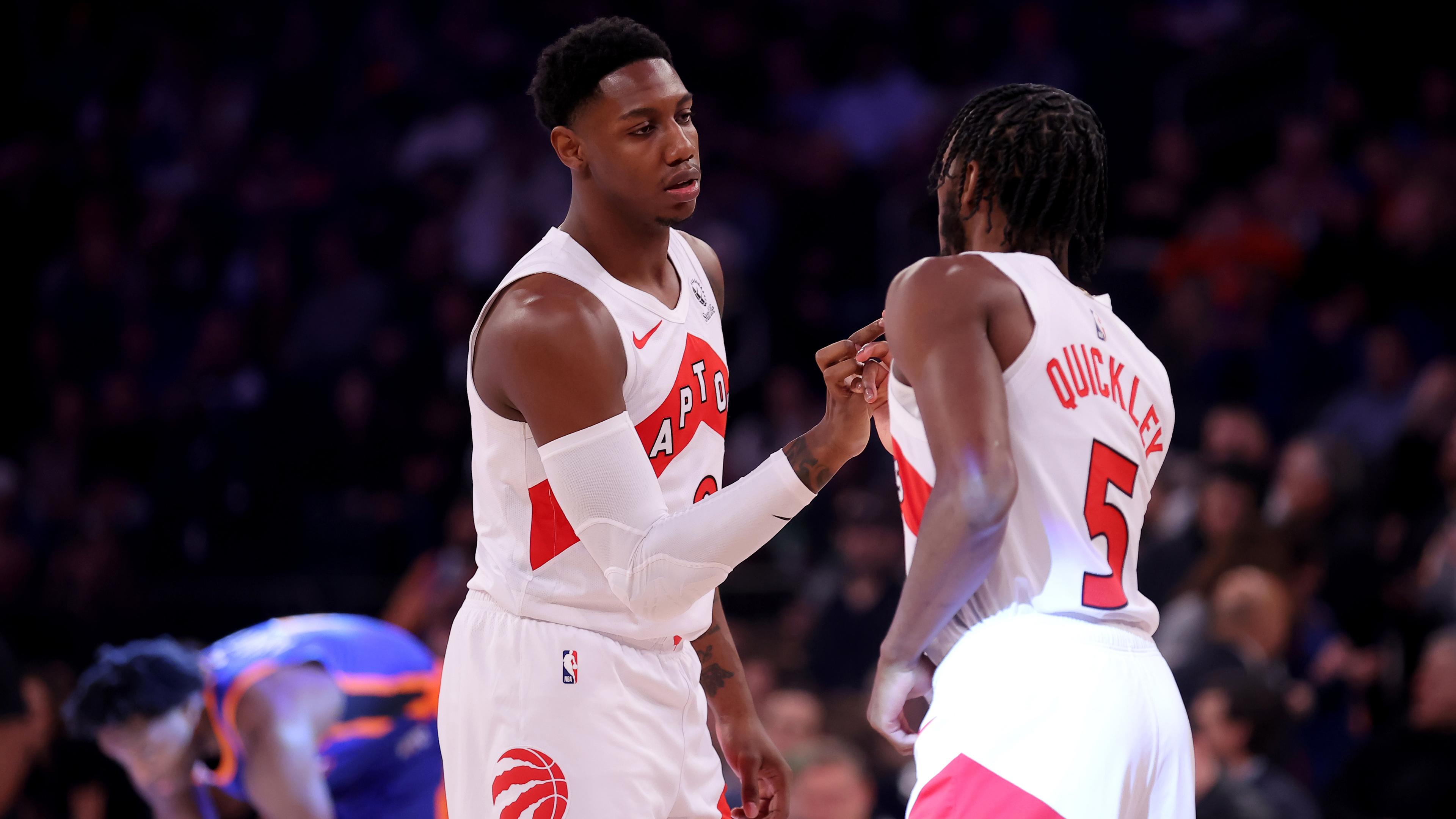 Toronto Raptors guard RJ Barrett (9) and guard Immanuel Quickley (5) shake hands before a game against the New York Knicks at Madison Square Garden.