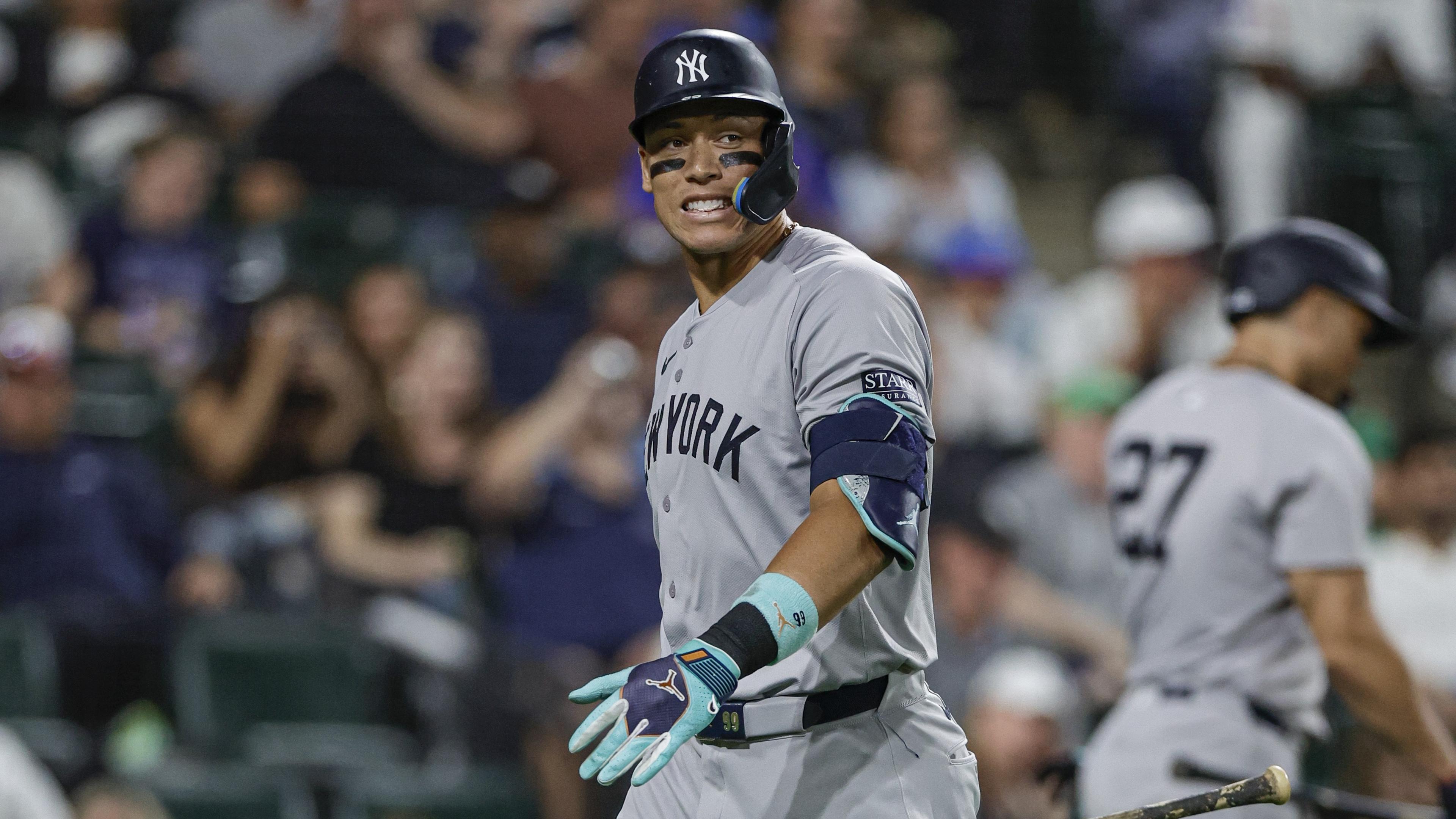 Aug 12, 2024; Chicago, Illinois, USA; New York Yankees outfielder Aaron Judge (99) reacts after striking out against the Chicago White Sox during the sixth inning at Guaranteed Rate Field. Mandatory Credit: Kamil Krzaczynski-USA TODAY Sports