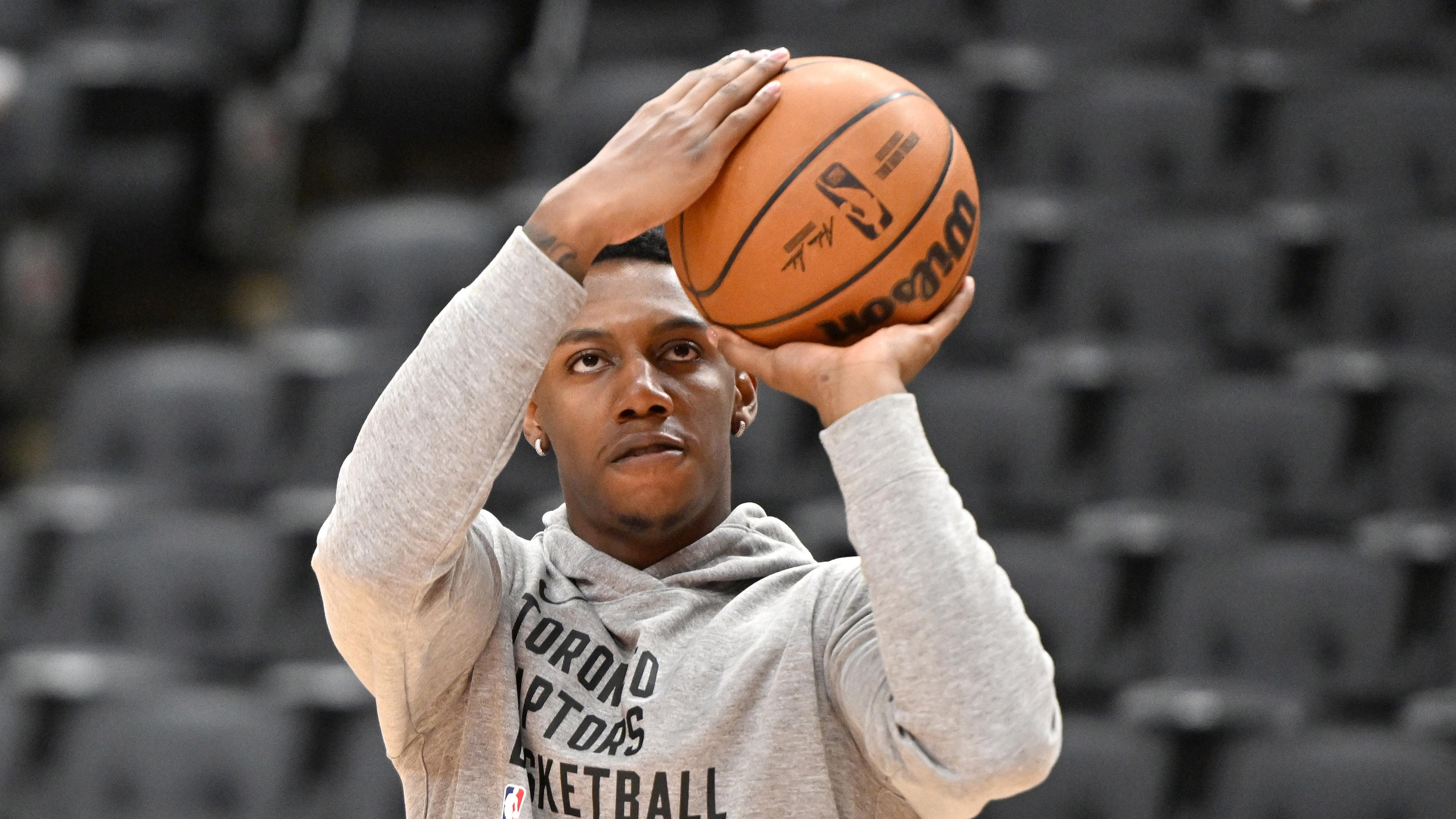 Toronto Raptors forward RJ Barrett (9) warms up before playing the Cleveland Cavaliers at Scotiabank Arena.