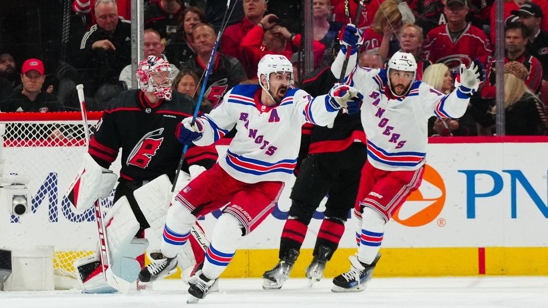 New York Rangers left wing Chris Kreider (20) celebrates his goal against the Carolina Hurricanes during the third period in game six of the second round of the 2024 Stanley Cup Playoffs at PNC Arena. 