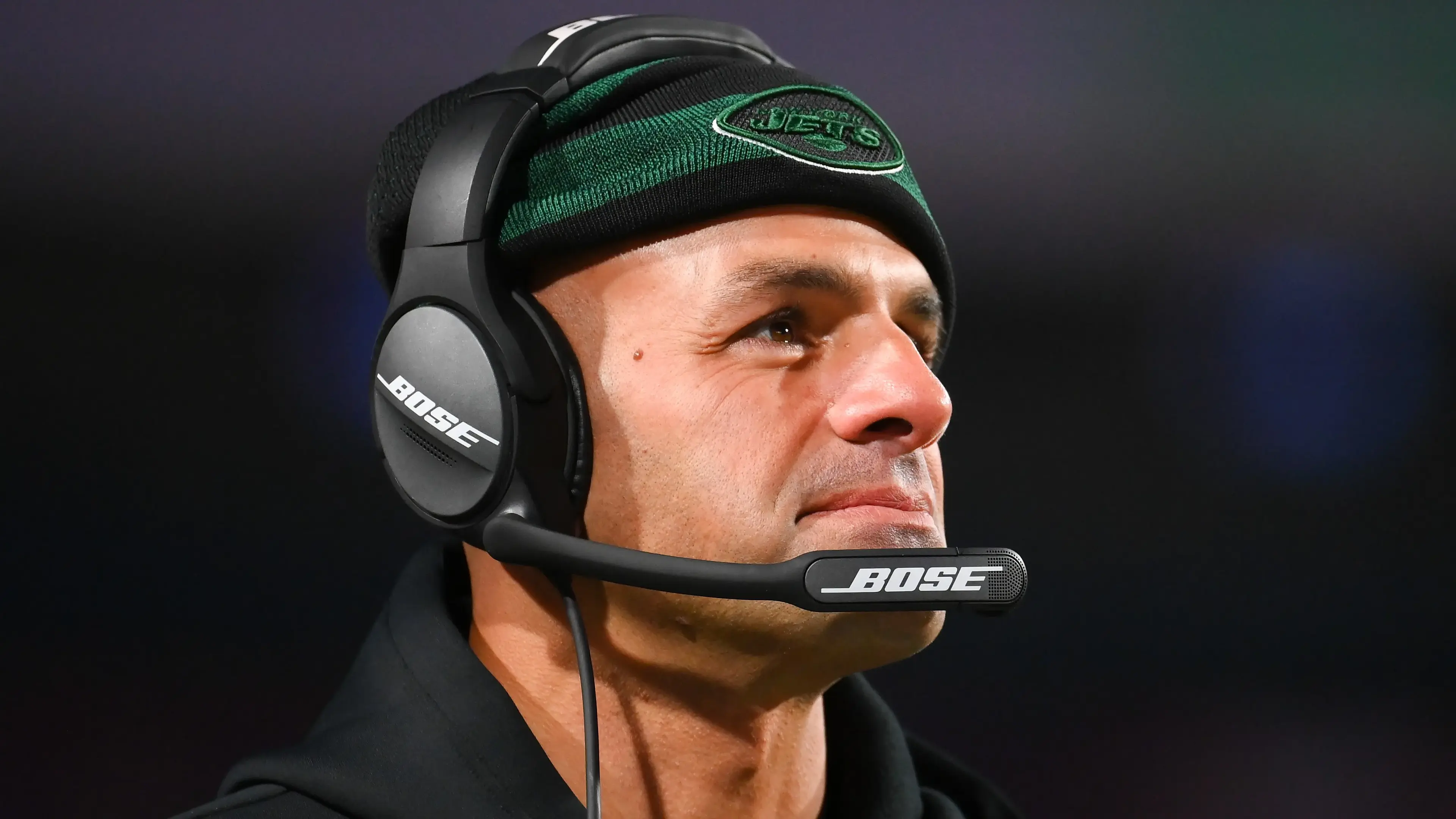 Jan 9, 2022; Orchard Park, New York, USA; New York Jets head coach Robert Saleh looks on against the Buffalo Bills during the first half at Highmark Stadium. Mandatory Credit: Rich Barnes-USA TODAY Sports / Rich Barnes-USA TODAY Sports