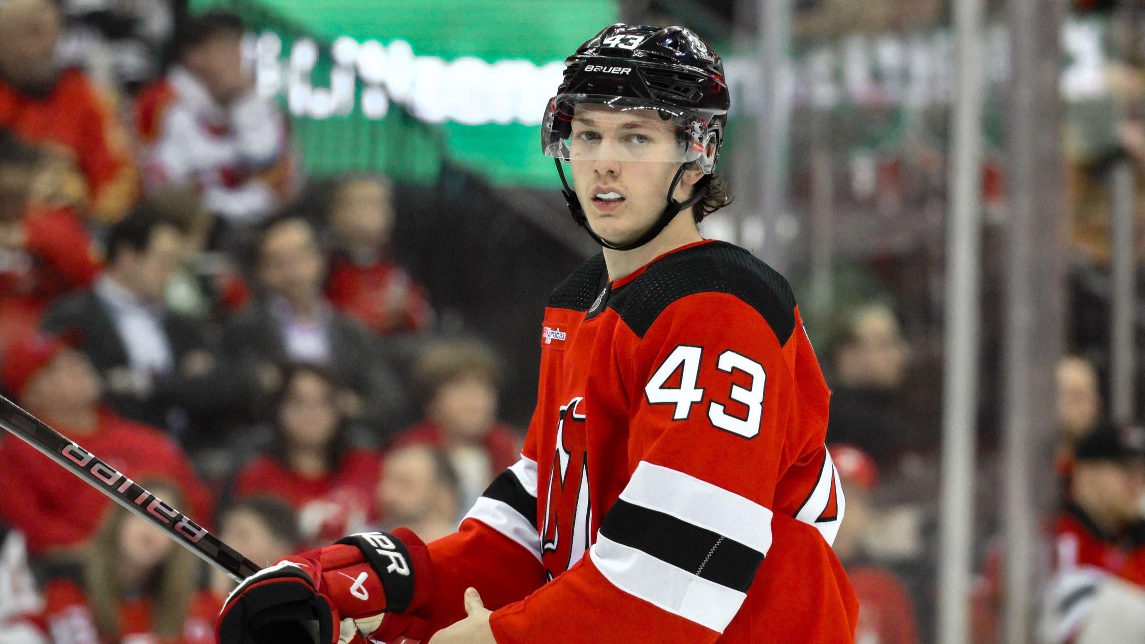 Apr 2, 2024; Newark, New Jersey, USA; New Jersey Devils defenseman Luke Hughes (43) during the third period at Prudential Center. / John Jones-USA TODAY Sports