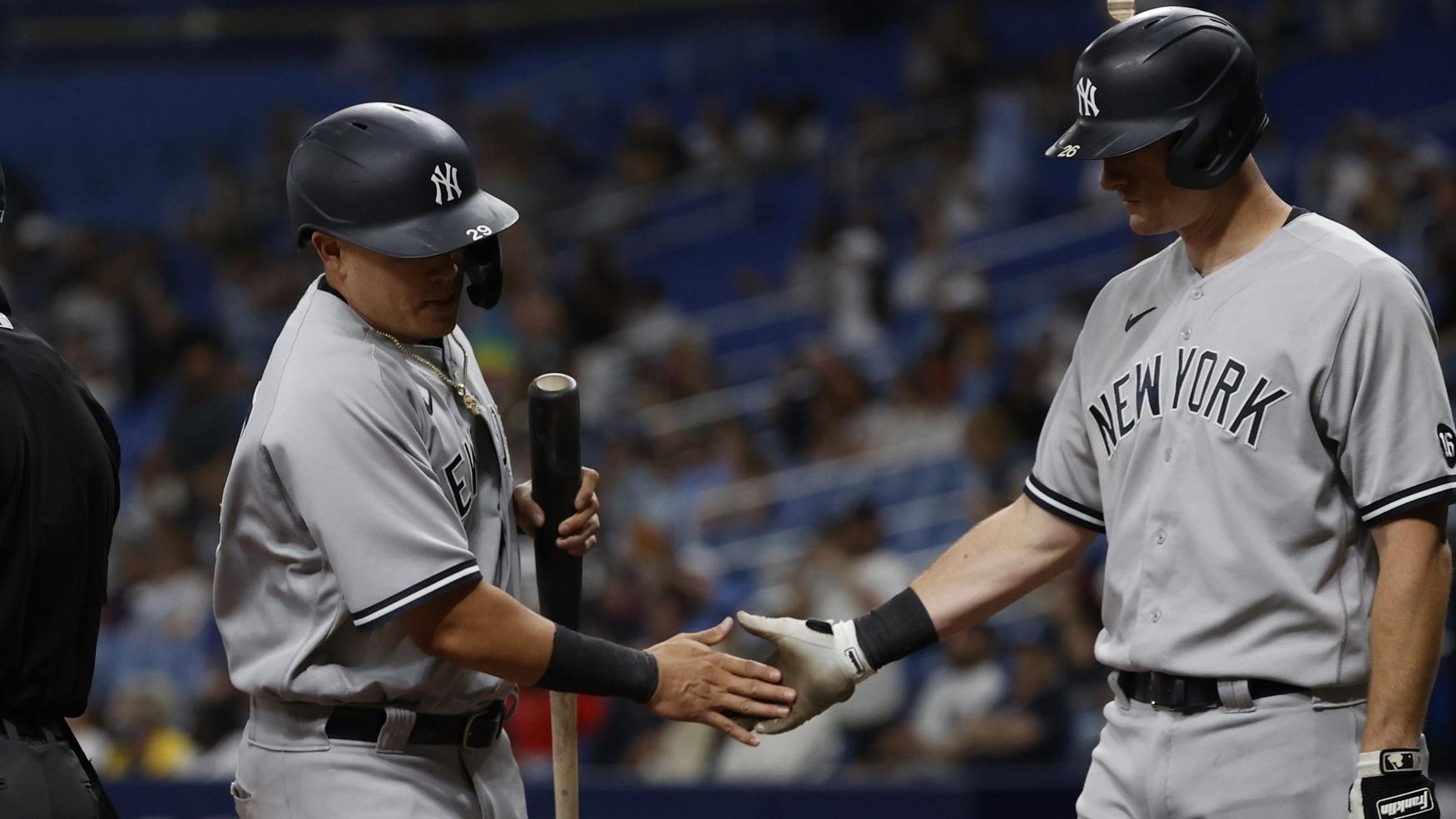 Jul 28, 2021; St. Petersburg, Florida, USA; New York Yankees third baseman Gio Urshela (29) scores a run during the tenth inning against the Tampa Bay Rays at Tropicana Field.