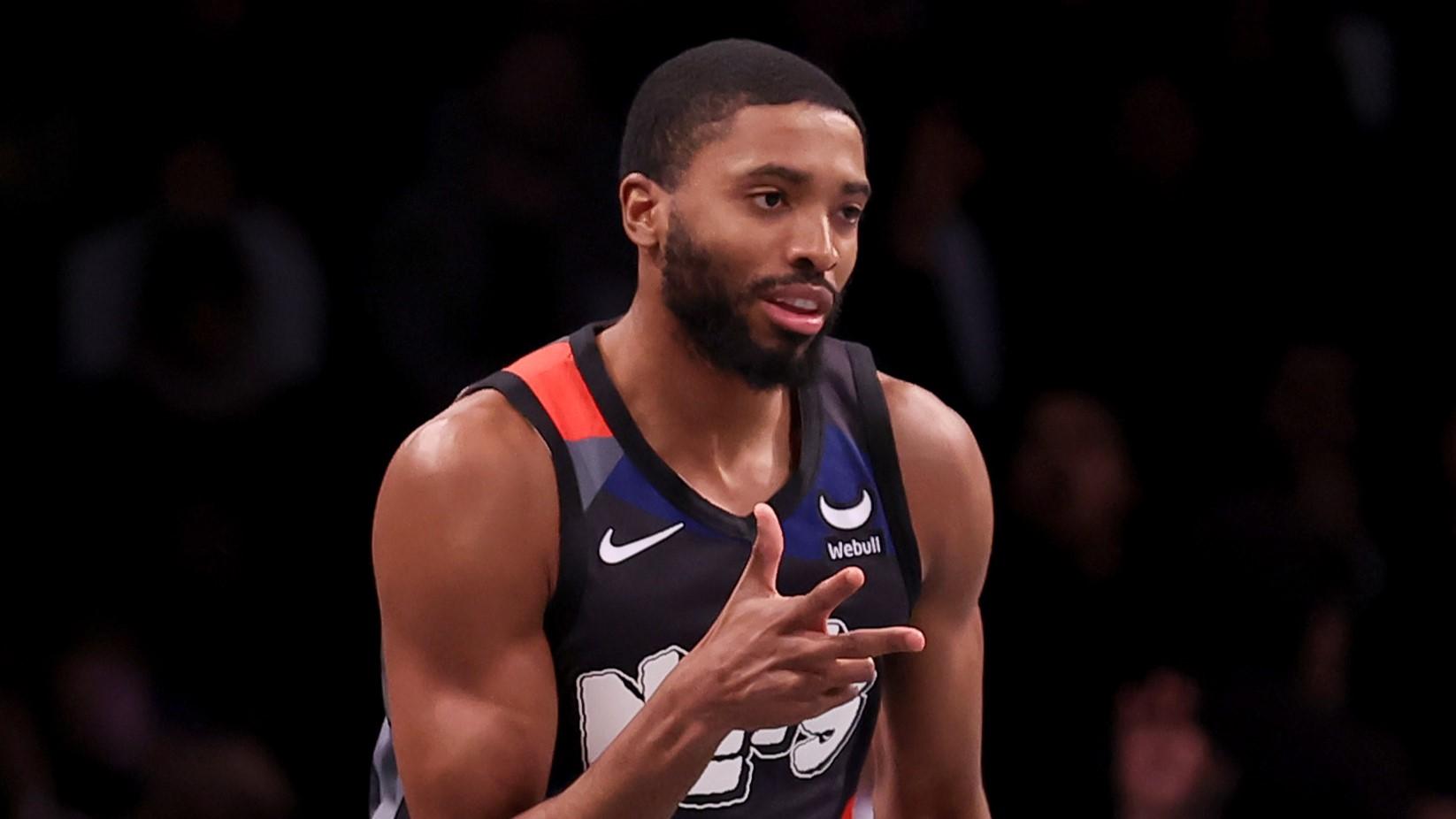 Nov 14, 2023; Brooklyn, New York, USA; Brooklyn Nets forward Mikal Bridges (1) reacts after a three point shot against the Orlando Magic during the first quarter at Barclays Center. Mandatory Credit: Brad Penner-USA TODAY Sports