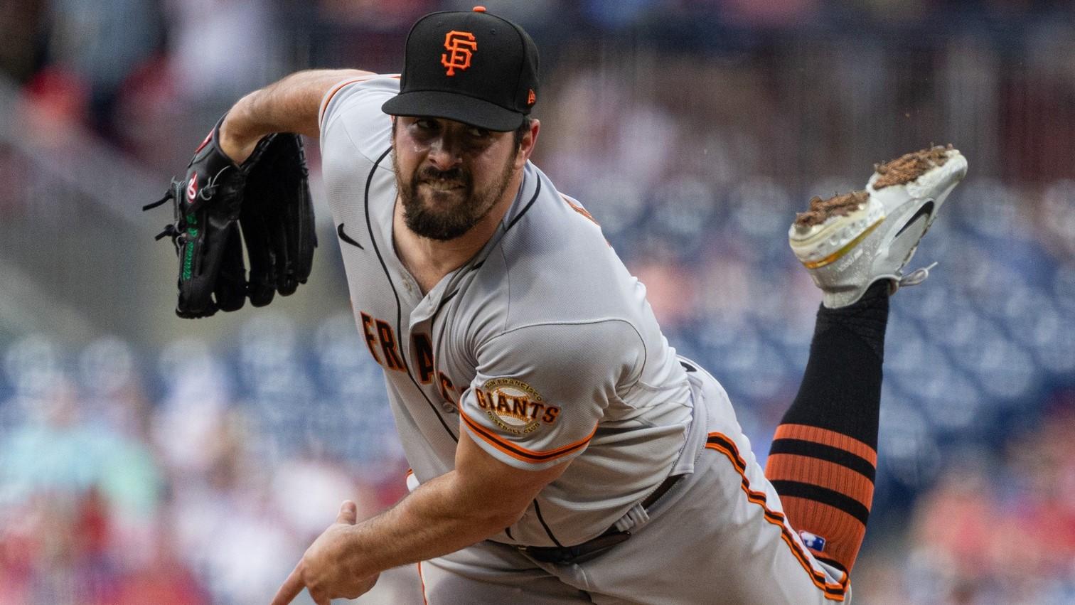 Jun 1, 2022; Philadelphia, Pennsylvania, USA; San Francisco Giants starting pitcher Carlos Rodon (16) throws a pitch during the second inning against the Philadelphia Phillies at Citizens Bank Park.