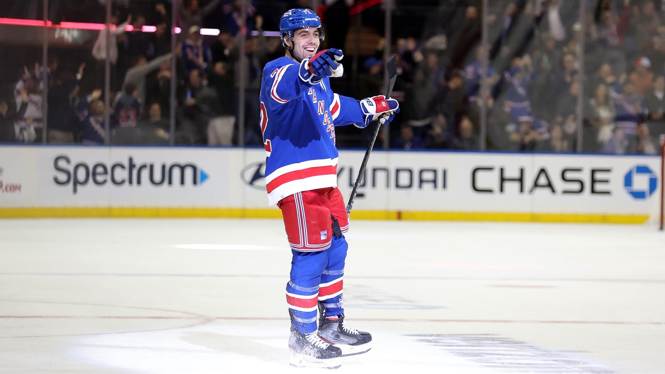 Dec 12, 2022; New York, New York, USA; New York Rangers center Filip Chytil (72) celebrates his game winning goal against the New Jersey Devils during overtime at Madison Square Garden.