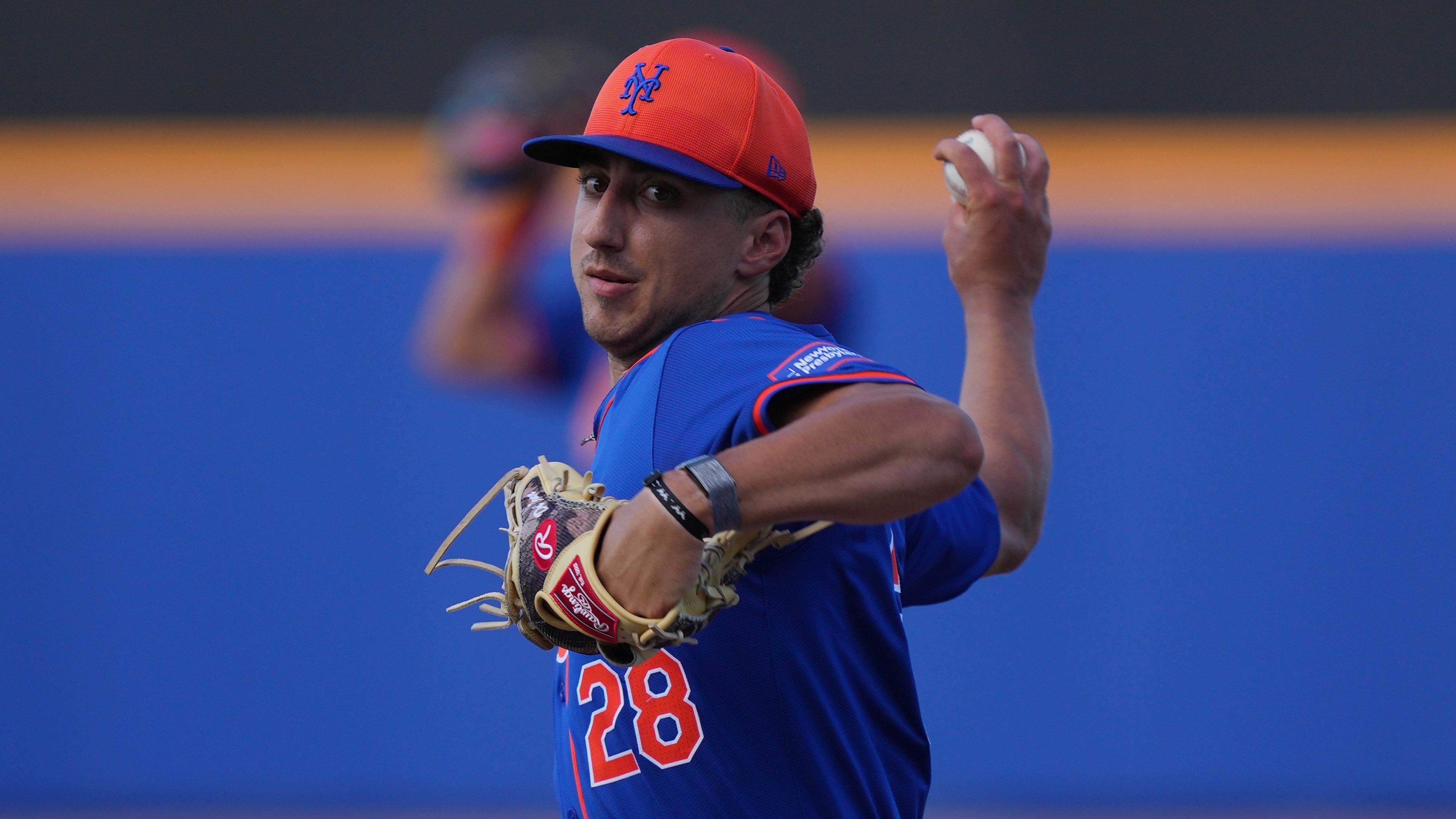 New York Mets pitcher Brandon Sproat (28) warms-up in the sixth inning against the Washington Nationals in the Spring Breakout game at Clover Park