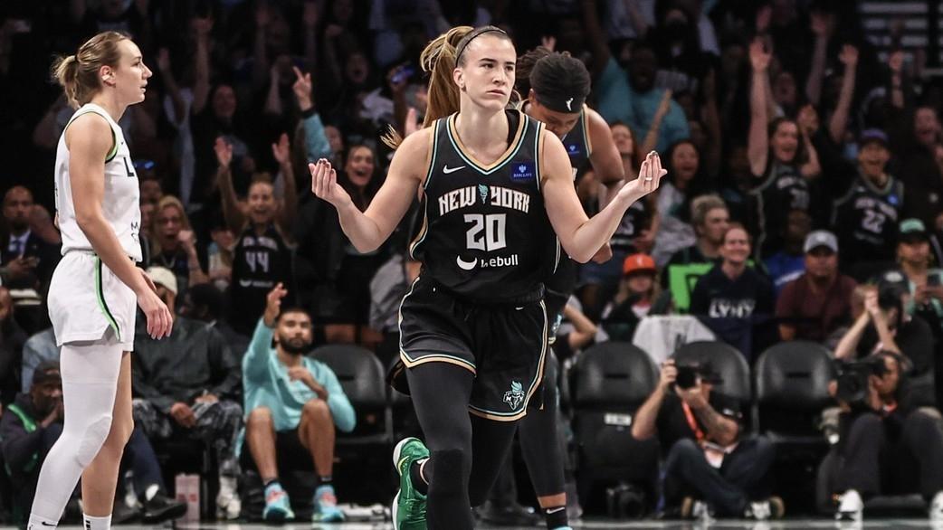 New York Liberty guard Sabrina Ionescu (20) reacts after scoring in the first quarter against the Minnesota Lynx during game two of the 2024 WNBA Finals at Barclays Center.