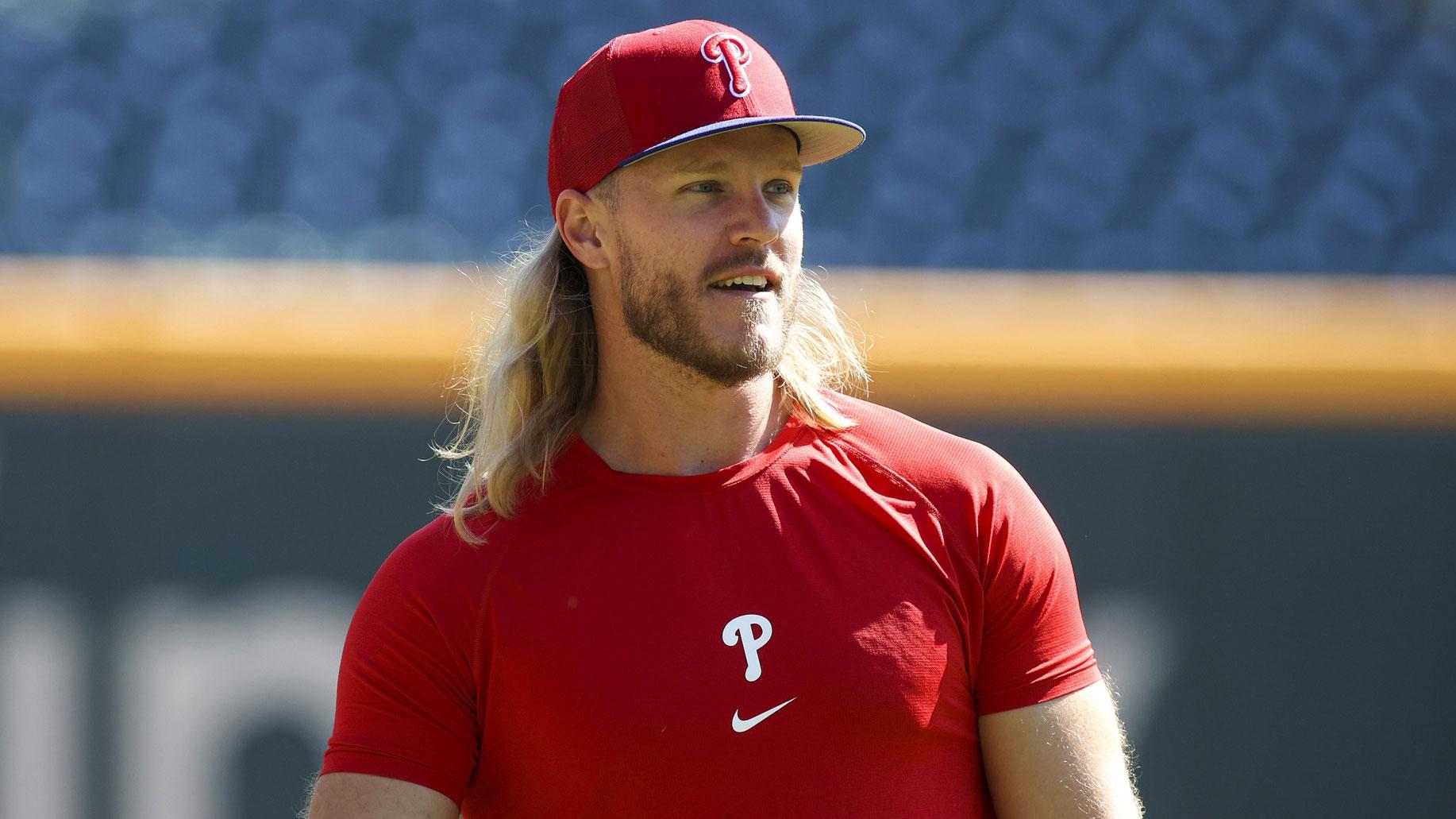 Oct 10, 2022; Atlanta, Georgia, USA; Philadelphia Phillies starting pitcher Noah Syndergaard (43) during a team workout for the NLDS at Truist Park.