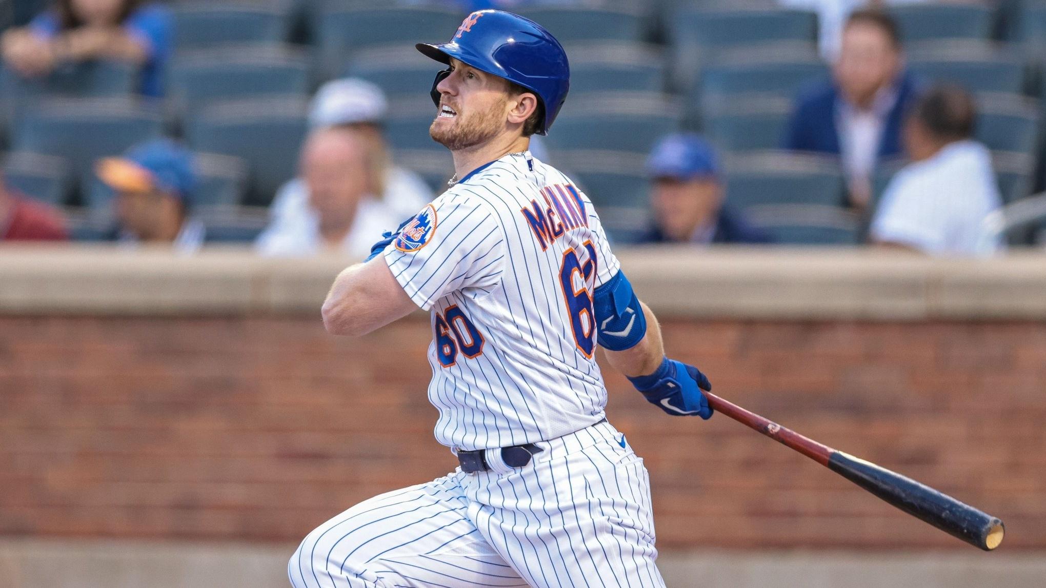 Jun 17, 2021; New York City, New York, USA; New York Mets right fielder Billy McKinney (60) follows through on a swing for a double during the second inning against the Chicago Cubs at Citi Field.