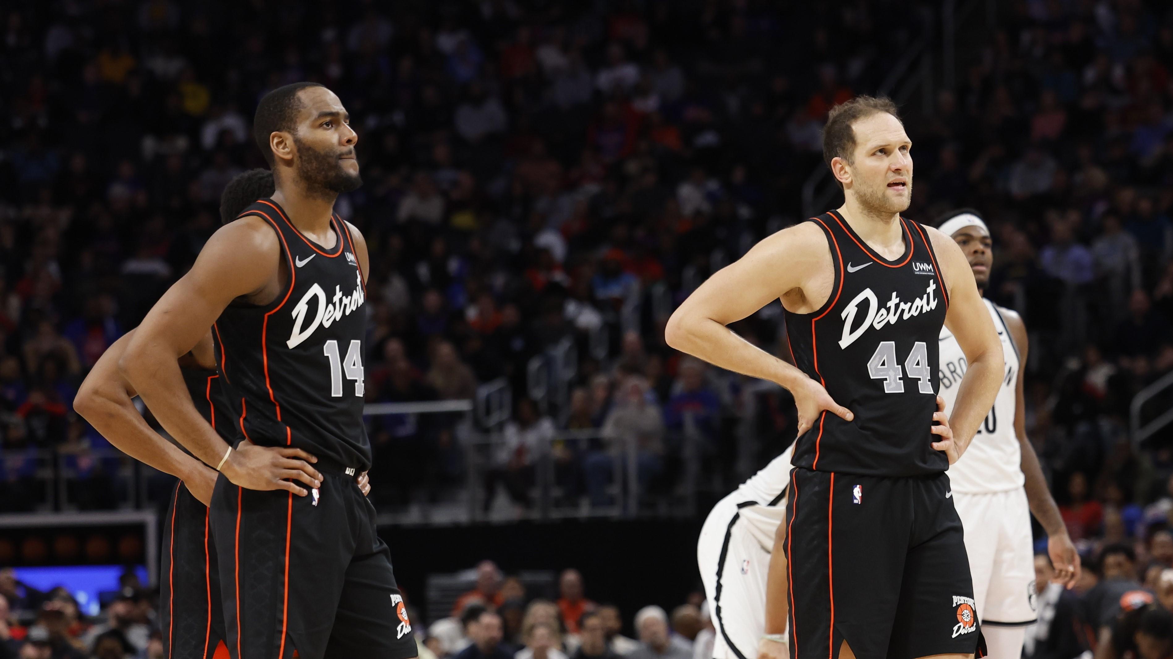 Dec 26, 2023; Detroit, Michigan, USA; Detroit Pistons guard Alec Burks (14), forward Bojan Bogdanovic (44), and center Jalen Duren (0) look on during the second half against the Brooklyn Nets at Little Caesars Arena. Mandatory Credit: Rick Osentoski-USA TODAY Sports