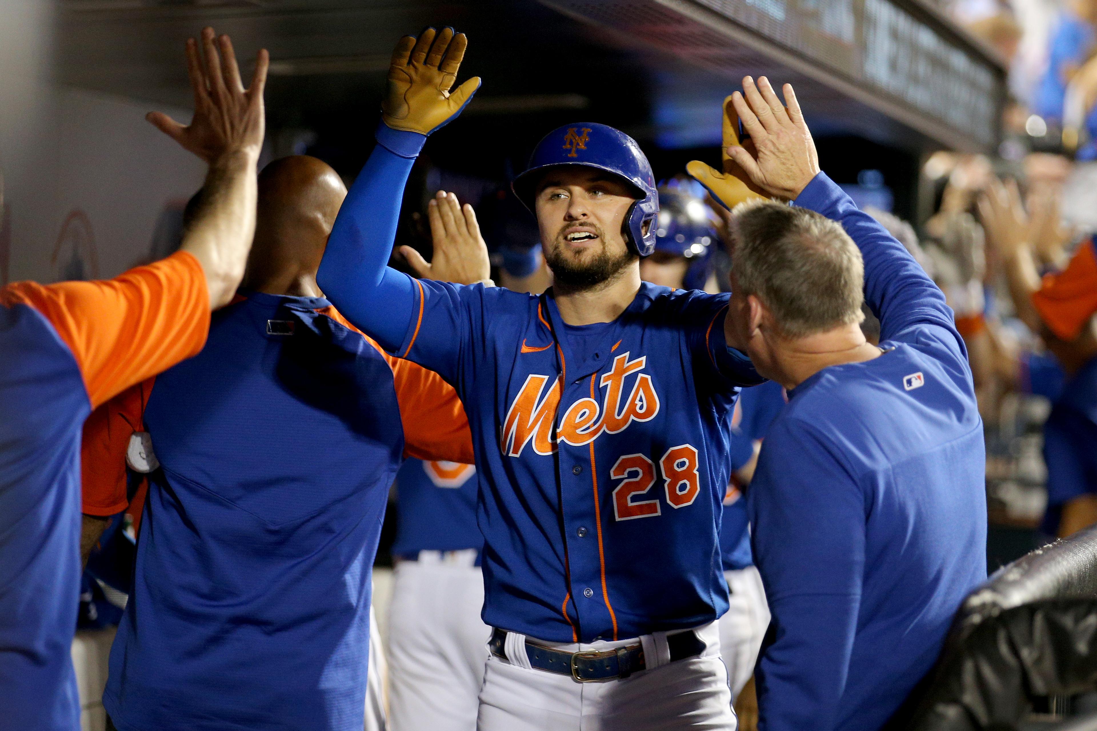 New York Mets designated hitter J.D. Davis (28) celebrates his grand slam against the Miami Marlins in the dugout with teammates during the fifth inning at Citi Field.