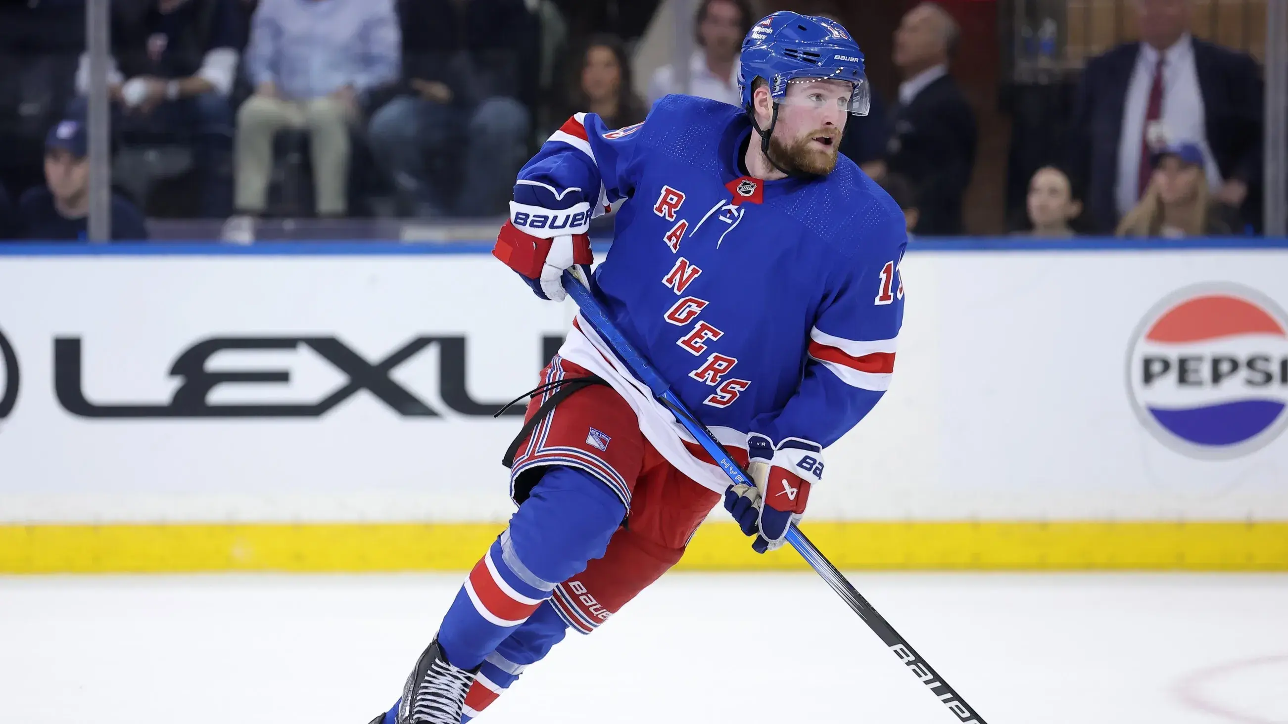 May 22, 2024; New York, New York, USA; New York Rangers left wing Alexis Lafreniere (13) skates against the Florida Panthers during the third period of game one of the Eastern Conference Final of the 2024 Stanley Cup Playoffs at Madison Square Garden. / Brad Penner-USA TODAY Sports