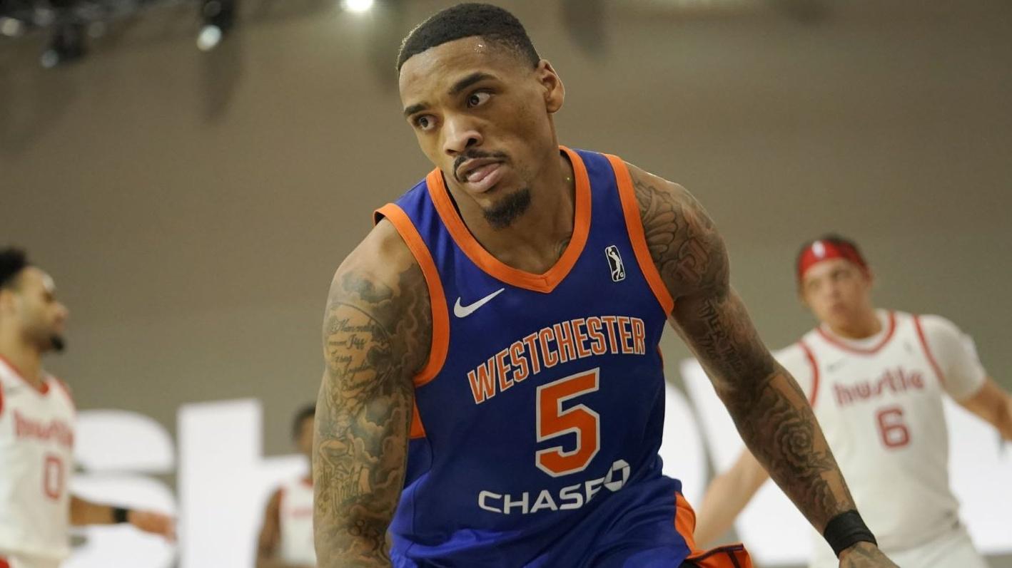 Dec 20, 2022; Las Vegas, NV, USA; Westchester Knicks guard/forward DaQuan Jeffries (5) reacts after dunking the ball against the Memphis Hustle during the second half at Mandalay Bay Convention Center.