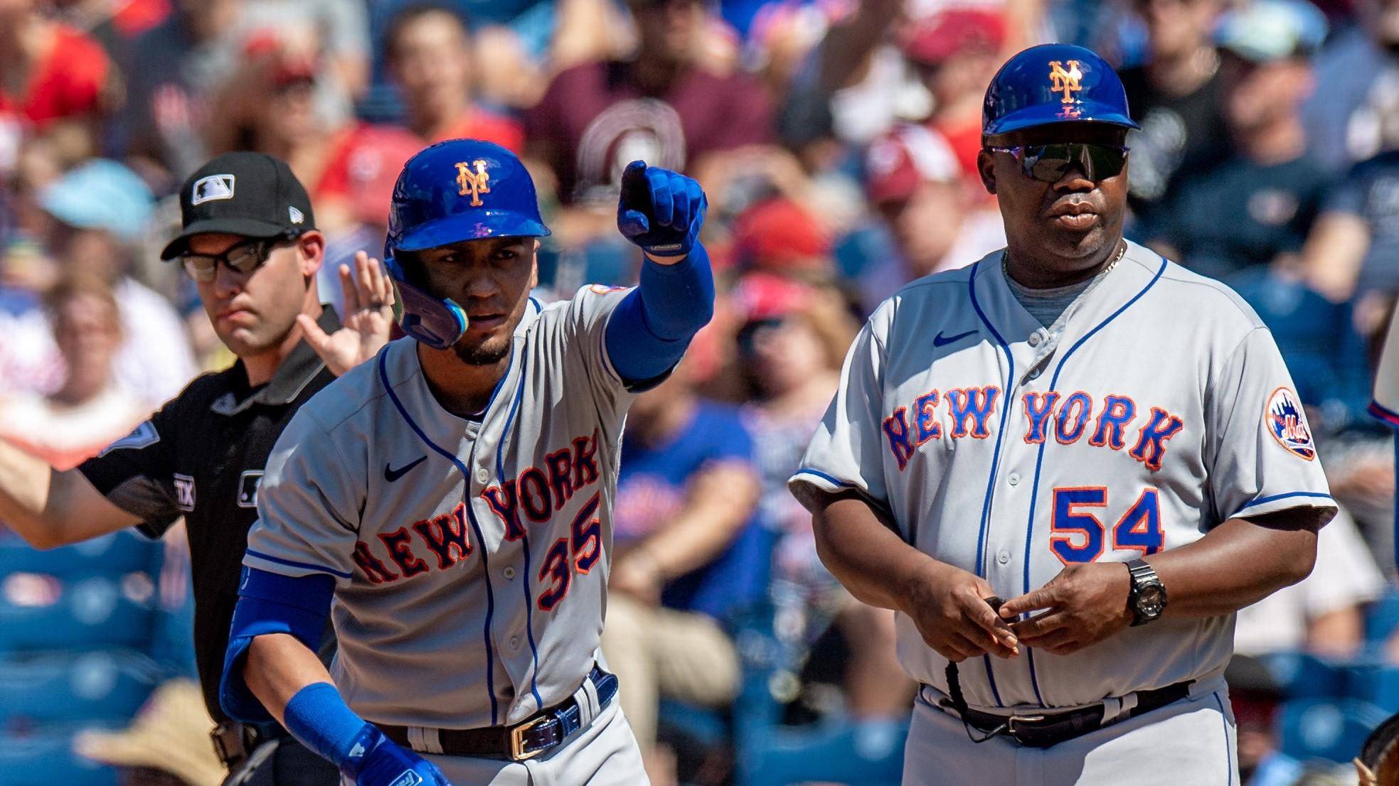 New York Mets catcher Michael Perez (35) reacts after hitting a two RBI single against the Philadelphia Phillies during the fifth inning at Citizens Bank Park.