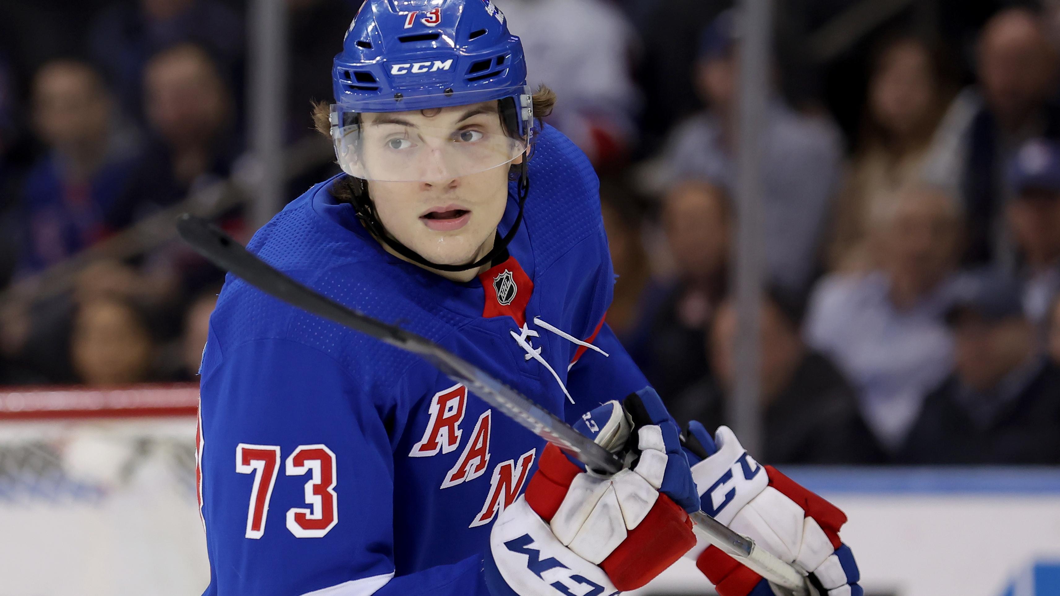 New York Rangers center Matt Rempe (73) skates against the Philadelphia Flyers during the second period at Madison Square Garden