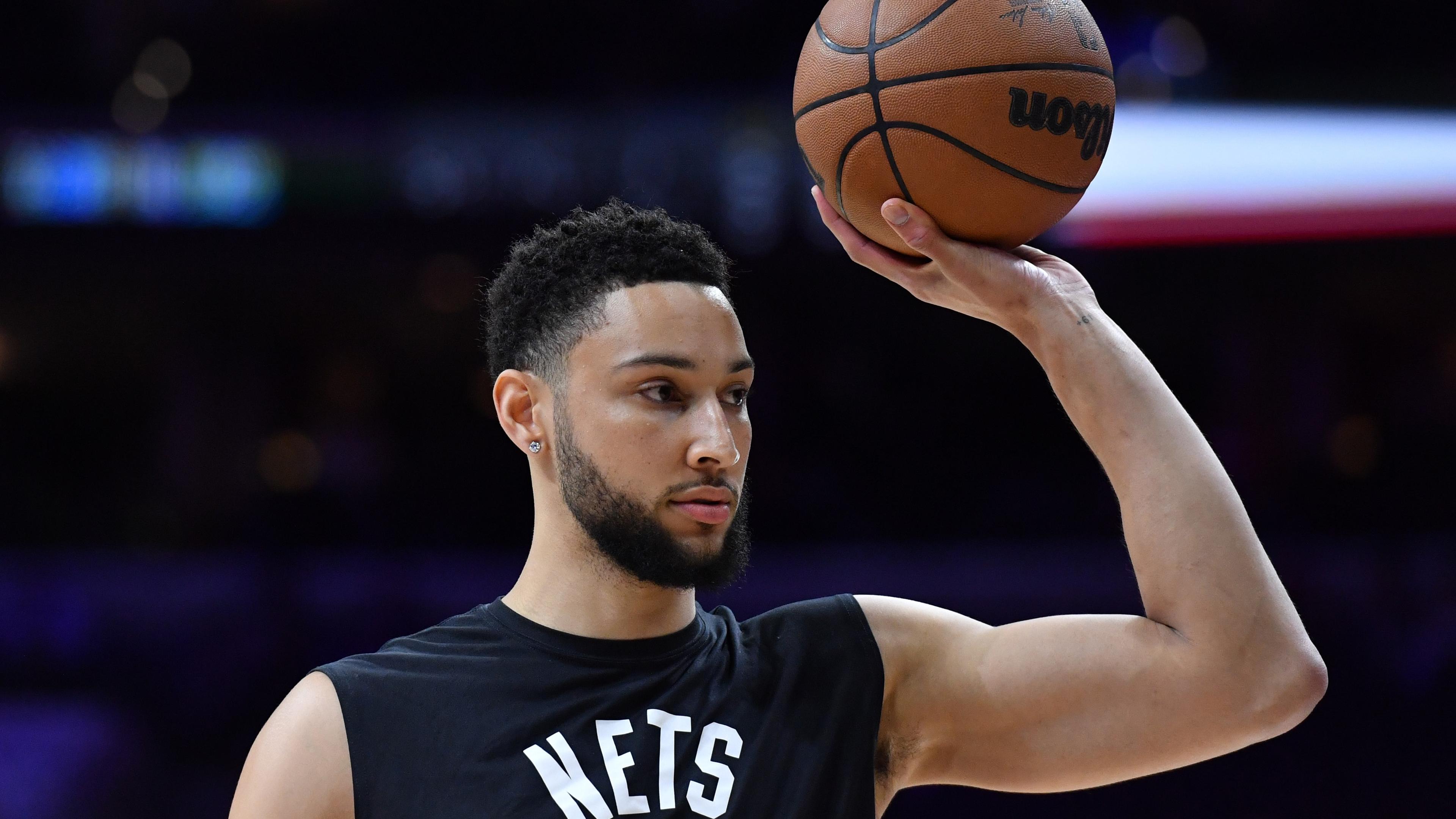 Mar 10, 2022; Philadelphia, Pennsylvania, USA; Brooklyn Nets guard Ben Simmons (10) during warmups before the game against the Philadelphia 76ers at Wells Fargo Center.