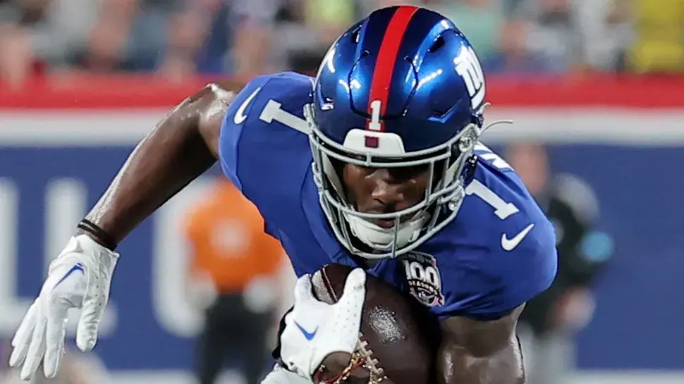 Sep 26, 2024; East Rutherford, New Jersey, USA; New York Giants wide receiver Malik Nabers (1) is tackled by Dallas Cowboys safety Donovan Wilson (6) during the second quarter at MetLife Stadium. Mandatory Credit: Brad Penner-Imagn Images / © Brad Penner-Imagn Images