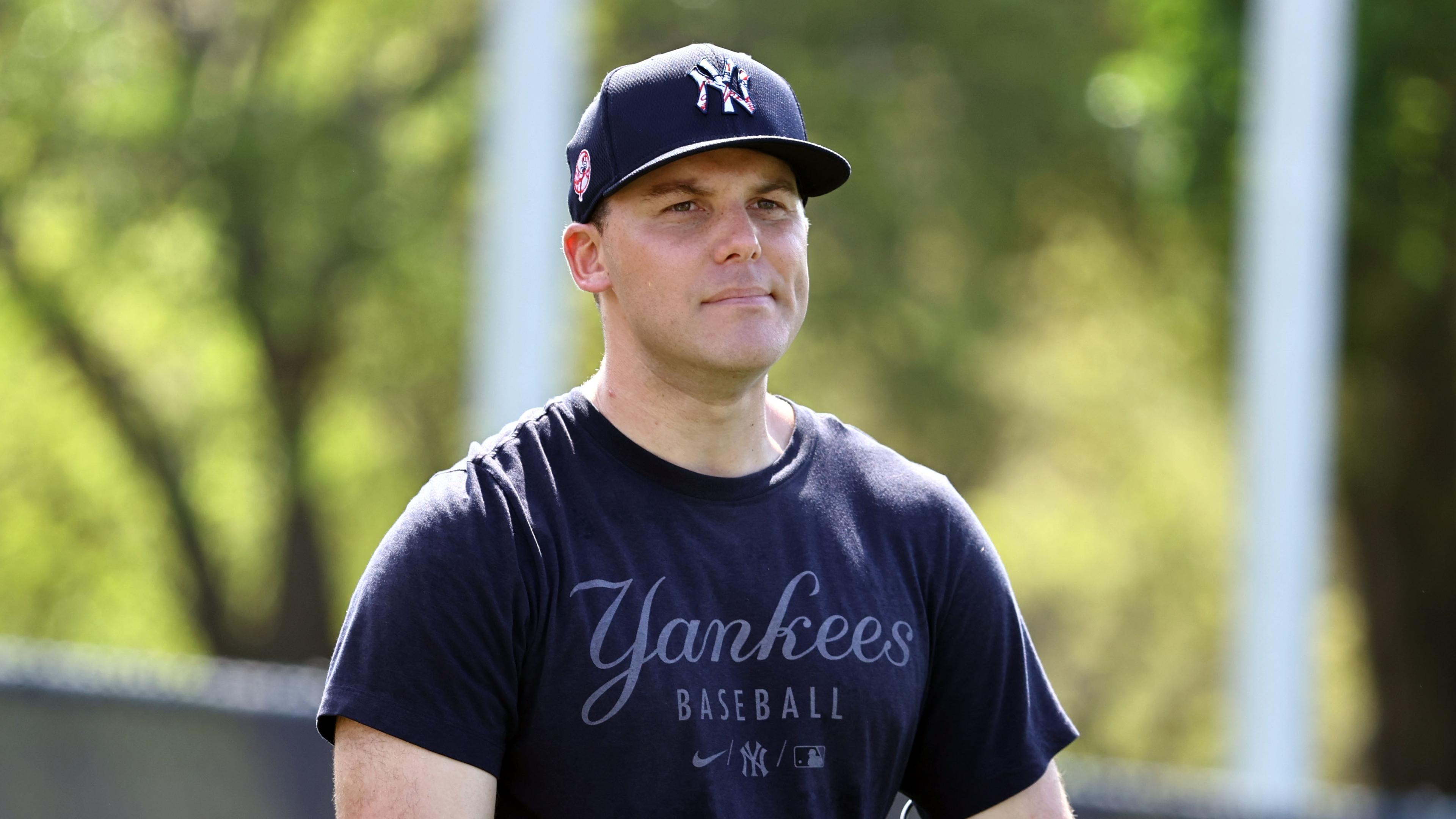 Mar 15, 2022; Tampa, FL, USA; New York Yankees catcher Ben Rortvedt (38) looks on during spring training workouts at George M. Steinbrenner Field. Mandatory Credit: Kim Klement-USA TODAY Sports