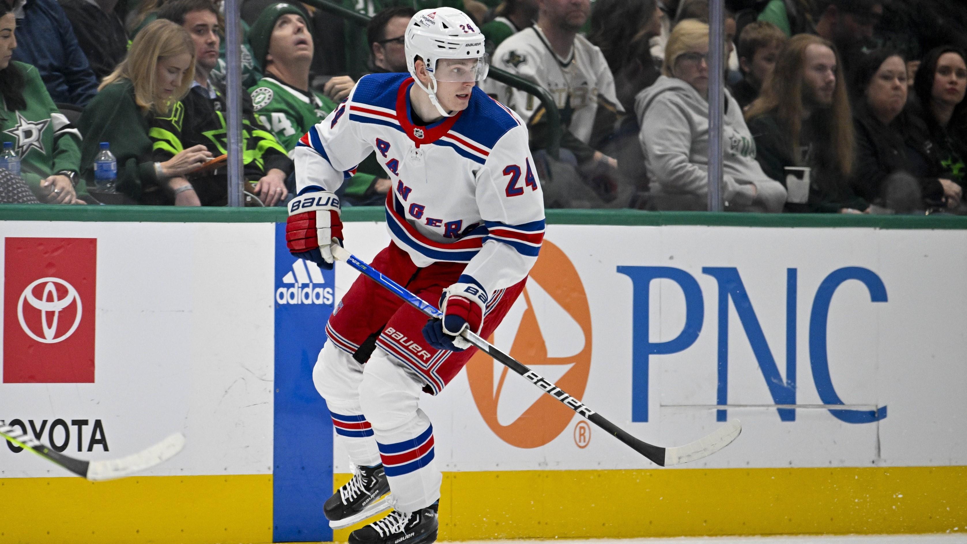 Nov 20, 2023; Dallas, Texas, USA; New York Rangers right wing Kaapo Kakko (24) in action during the game between the Dallas Stars and the New York Rangers at the American Airlines Center.