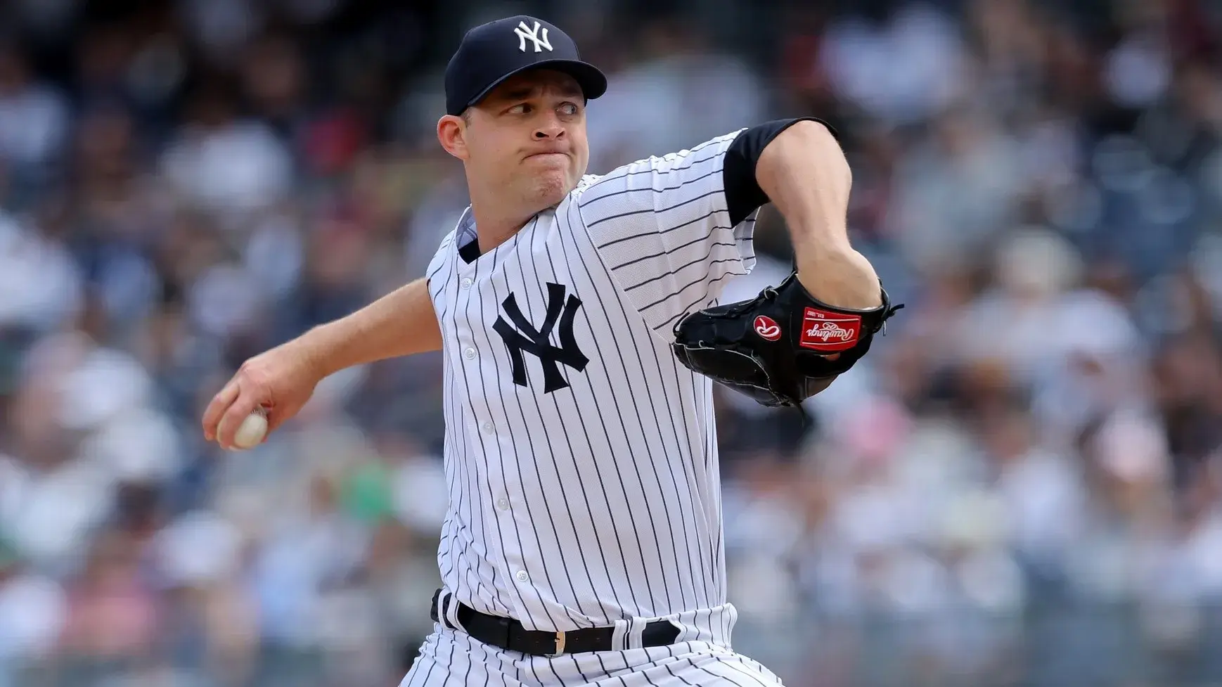 Apr 23, 2023; Bronx, New York, USA; New York Yankees relief pitcher Michael King (34) pitches against the Toronto Blue Jays during the sixth inning at Yankee Stadium. / Brad Penner-USA TODAY Sports