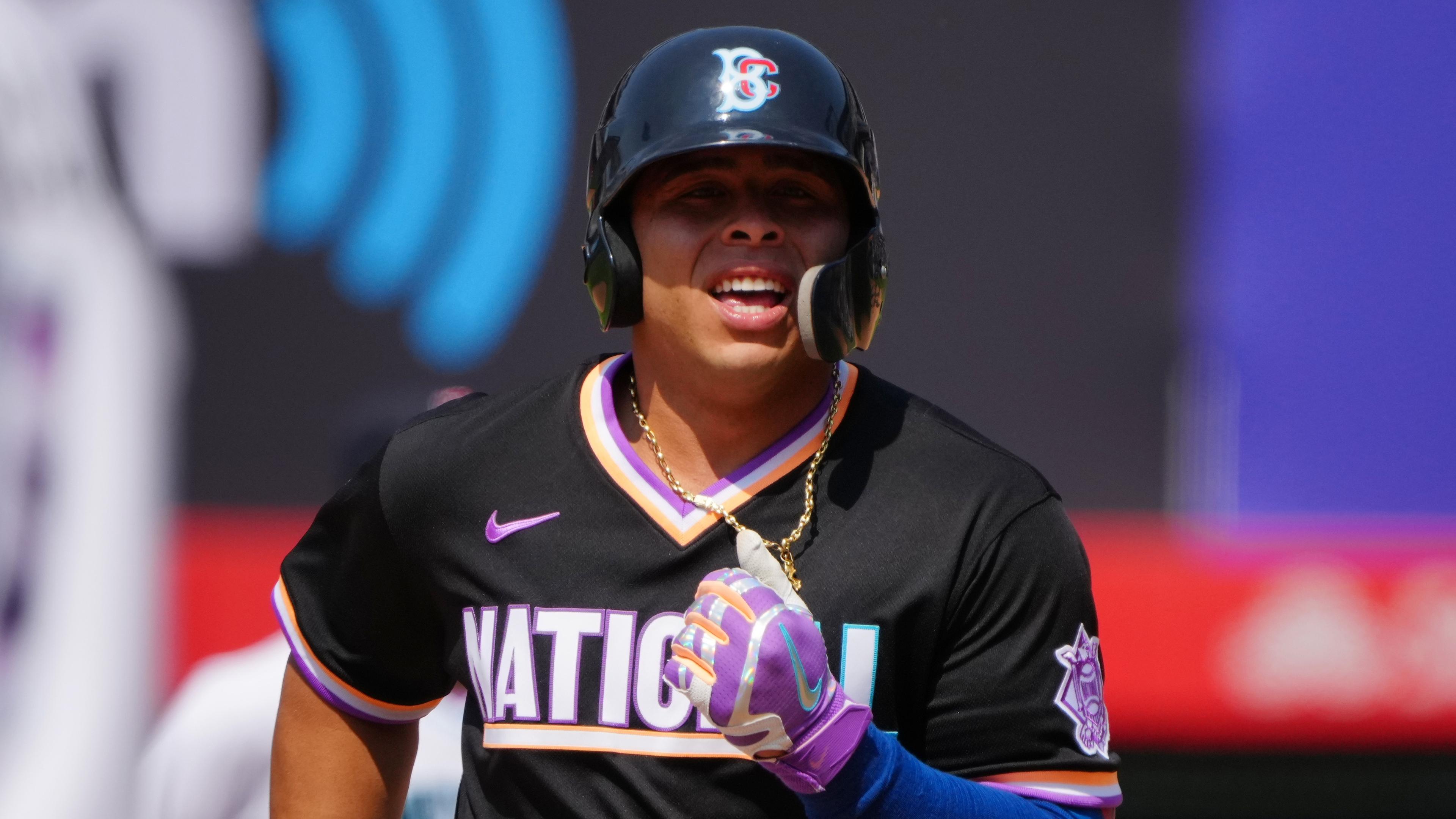 Jul 11, 2021; Denver, CO, USA; National League infielder Francisco Alvarez (30) rounds the bases after hitting a solo home run in the fifth inning against the American League of the 2021 MLB All Star Futures Game at Coors Field. Mandatory Credit: Ron Chenoy-USA TODAY Sports