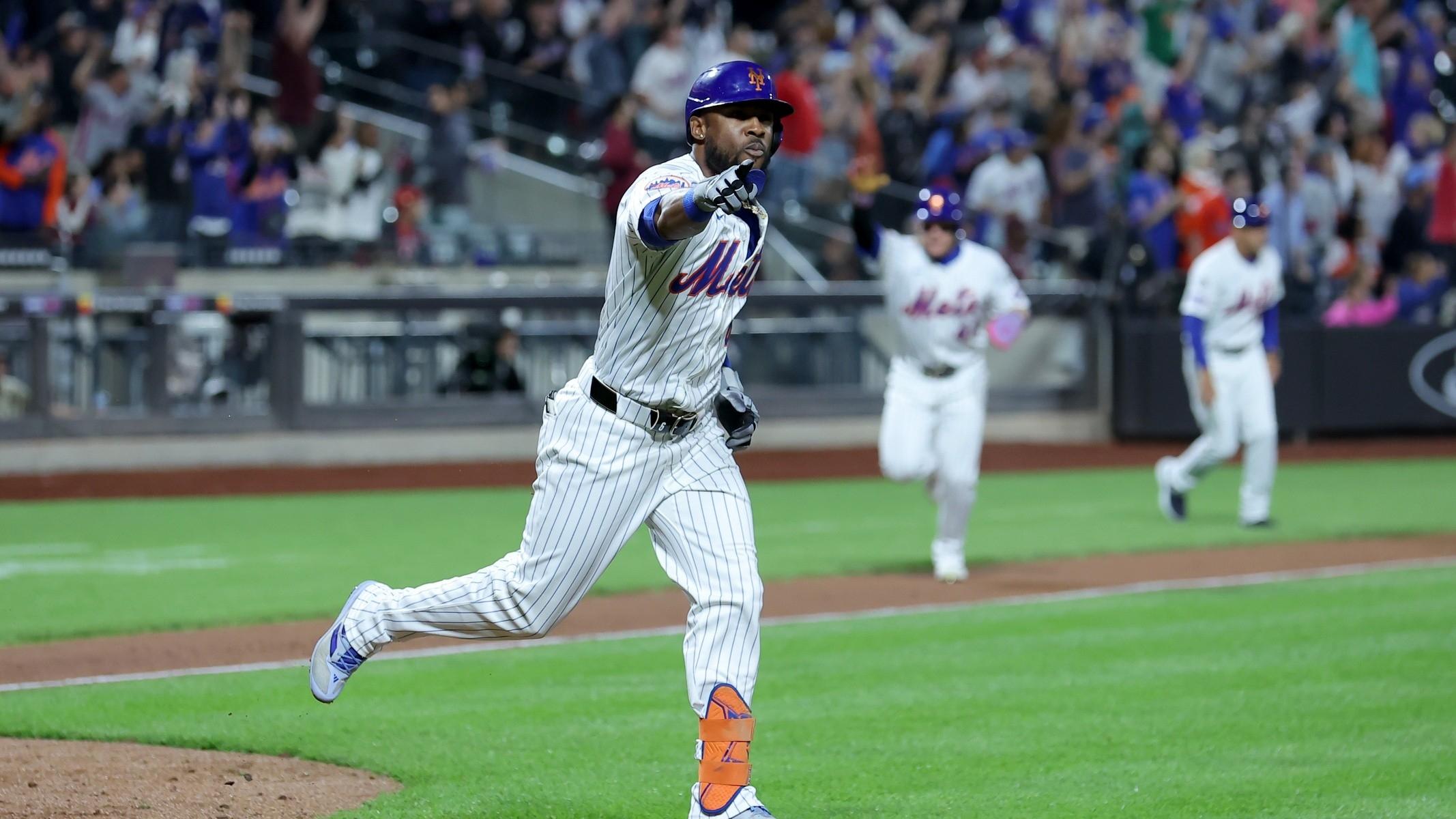 New York Mets right fielder Starling Marte (6) reacts after hitting a tenth inning walkoff single against the Washington Nationals at Citi Field.