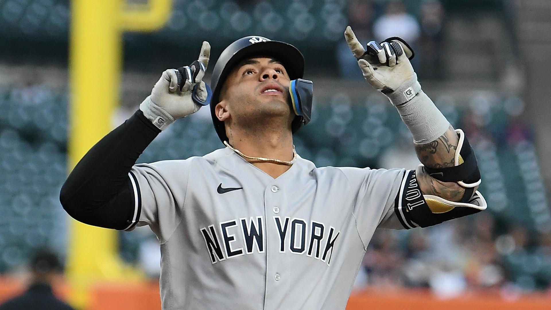 Aug 30, 2023; Detroit, Michigan, USA; New York Yankees second baseman Gleyber Torres (25) celebrates in the dugout after hitting a home run against the Detroit Tigers in the fourth inning at Comerica Park. Mandatory Credit: Lon Horwedel-USA TODAY Sports