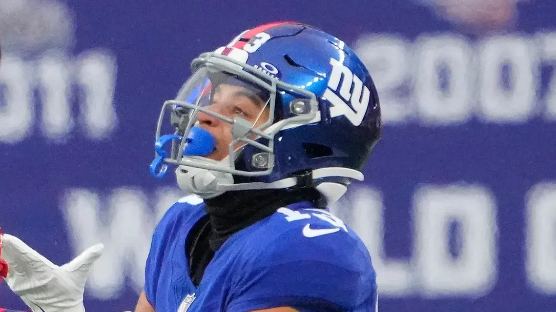 Nov 26, 2023; East Rutherford, New Jersey, USA; New York Giants wide receiver Jalin Hyatt (13) hauls in a 3rd quarter first down catch as New England Patriots cornerback J.C. Jackson (29) defends at MetLife Stadium. Mandatory Credit: Robert Deutsch-USA TODAY Sports / © Robert Deutsch-USA TODAY Sports