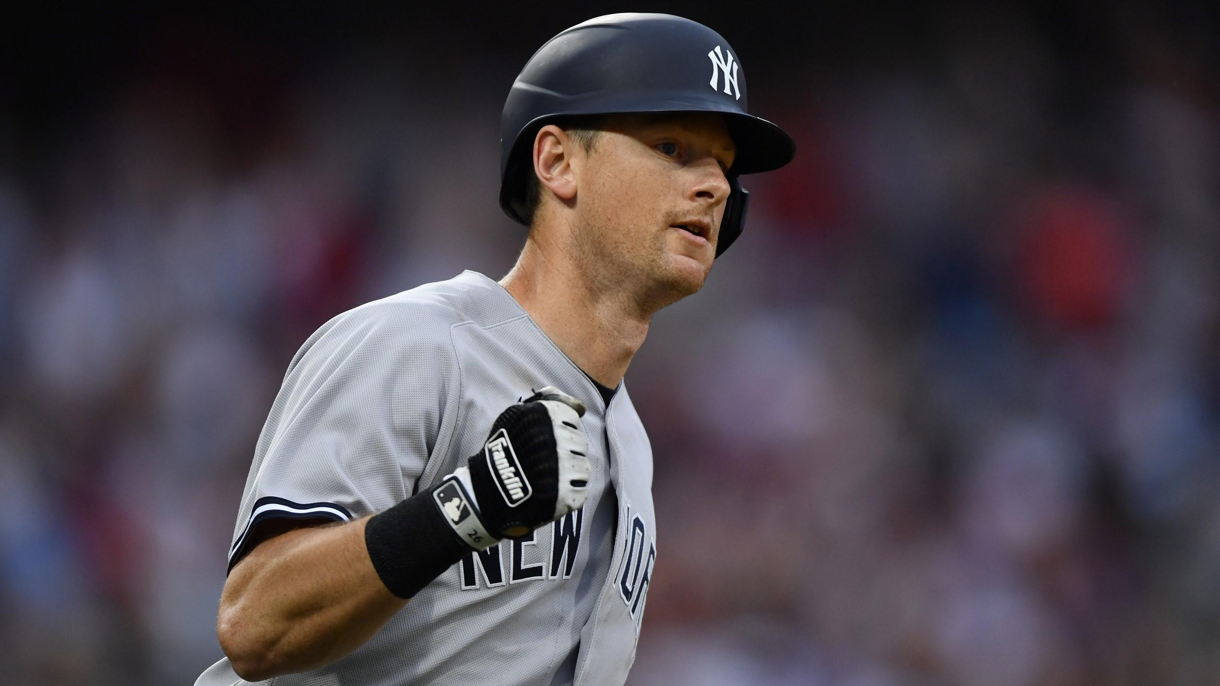 Jun 12, 2021; Philadelphia, Pennsylvania, USA; New York Yankees first baseman DJ LeMahieu (26) reacts after hitting a three-run home run during the ninth inning against the Philadelphia Phillies at Citizens Bank Park.