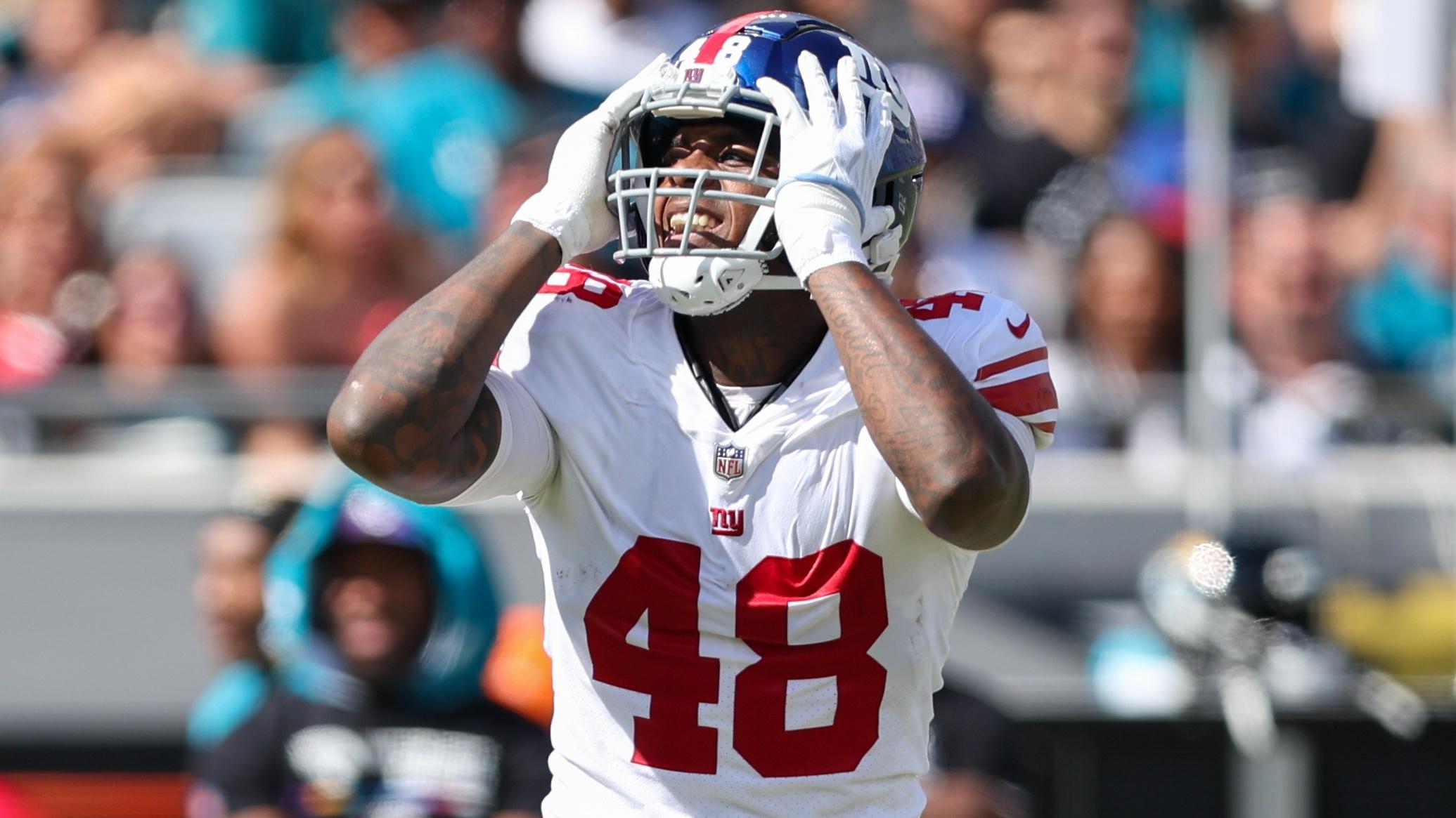 New York Giants linebacker Tae Crowder (48) reacts after a play against the Jacksonville Jaguars in the second quarter at TIAA Bank Field