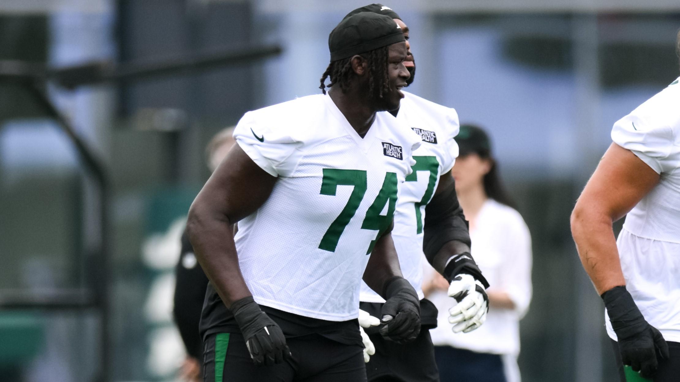 Jul 25, 2024; Florham Park, NJ, USA; New York Jets offensive tackle Olu Fashanu (74) warms up during training camp at Atlantic Health Jets Training Center. Mandatory Credit: John Jones-USA TODAY Sports