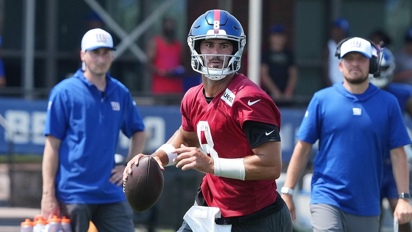 East Rutherford, NJ -- August 1, 2024 -- Quarterback, Daniel Jones during practice today at training camp for the New York Giants.