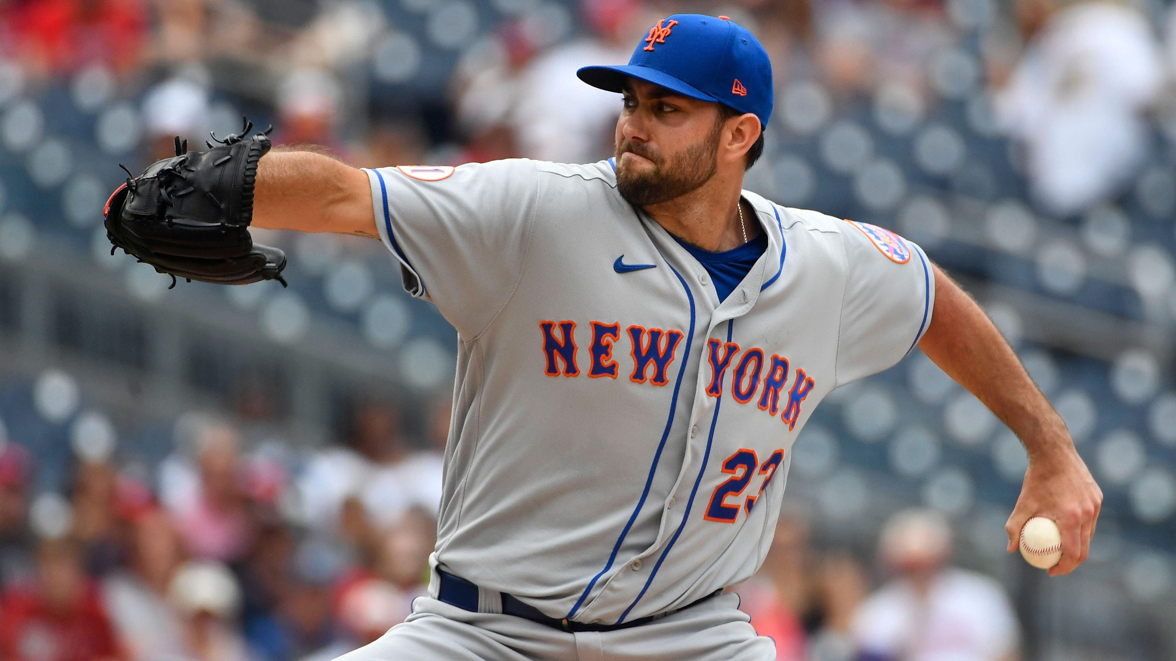 Jun 19, 2021; Washington, District of Columbia, USA; New York Mets starting pitcher David Peterson (23) throws to the Washington Nationals during the first inning at Nationals Park. / Brad Mills-USA TODAY Sports