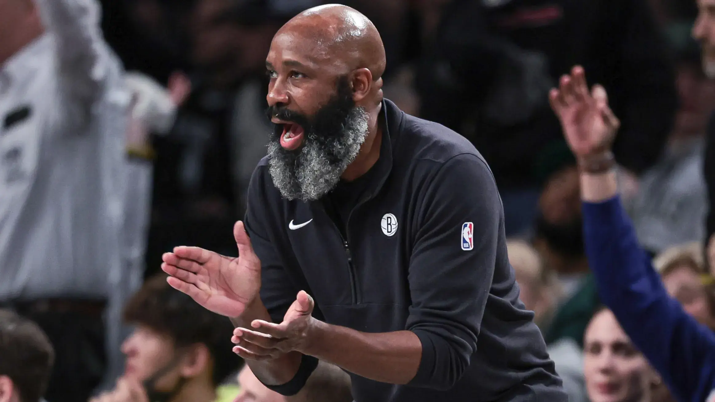 Dec 27, 2023; Brooklyn, New York, USA; Brooklyn Nets head coach Jacque Vaughn reacts during the second half against the Milwaukee Bucks at Barclays Center. Mandatory Credit: Vincent Carchietta-USA TODAY Sports / © Vincent Carchietta-USA TODAY Sports