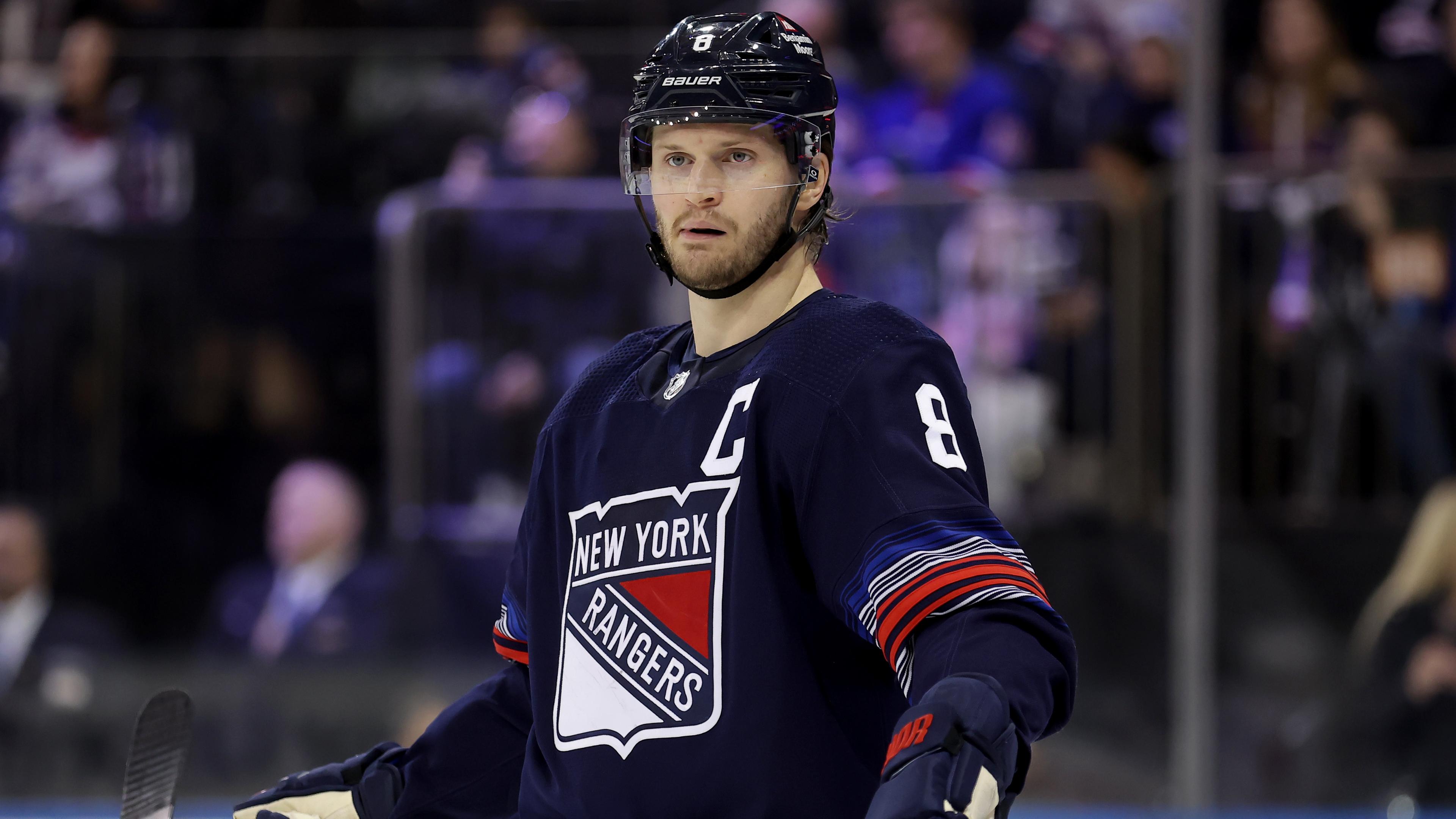 New York Rangers defenseman Jacob Trouba (8) skates against the Washington Capitals during the first period at Madison Square Garden