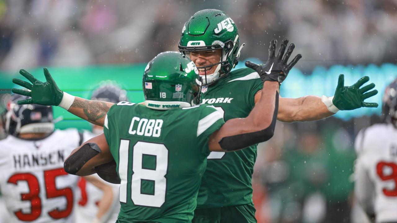 New York Jets wide receiver Randall Cobb (18) celebrates his touchdown reception during the second half with wide receiver Allen Lazard (10) against the Houston Texans at MetLife Stadium.