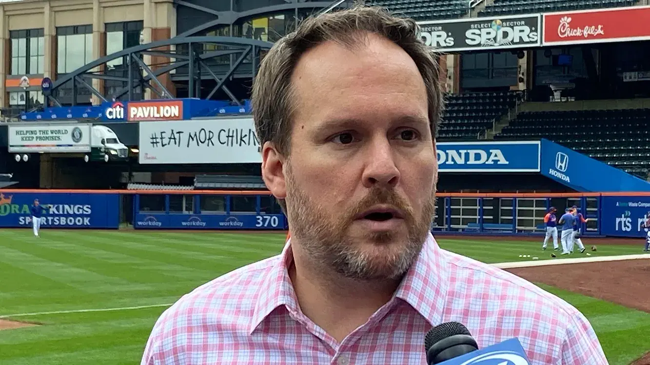 Zack Scott talking to the media at Citi Field on June 11, 2021. / SNY