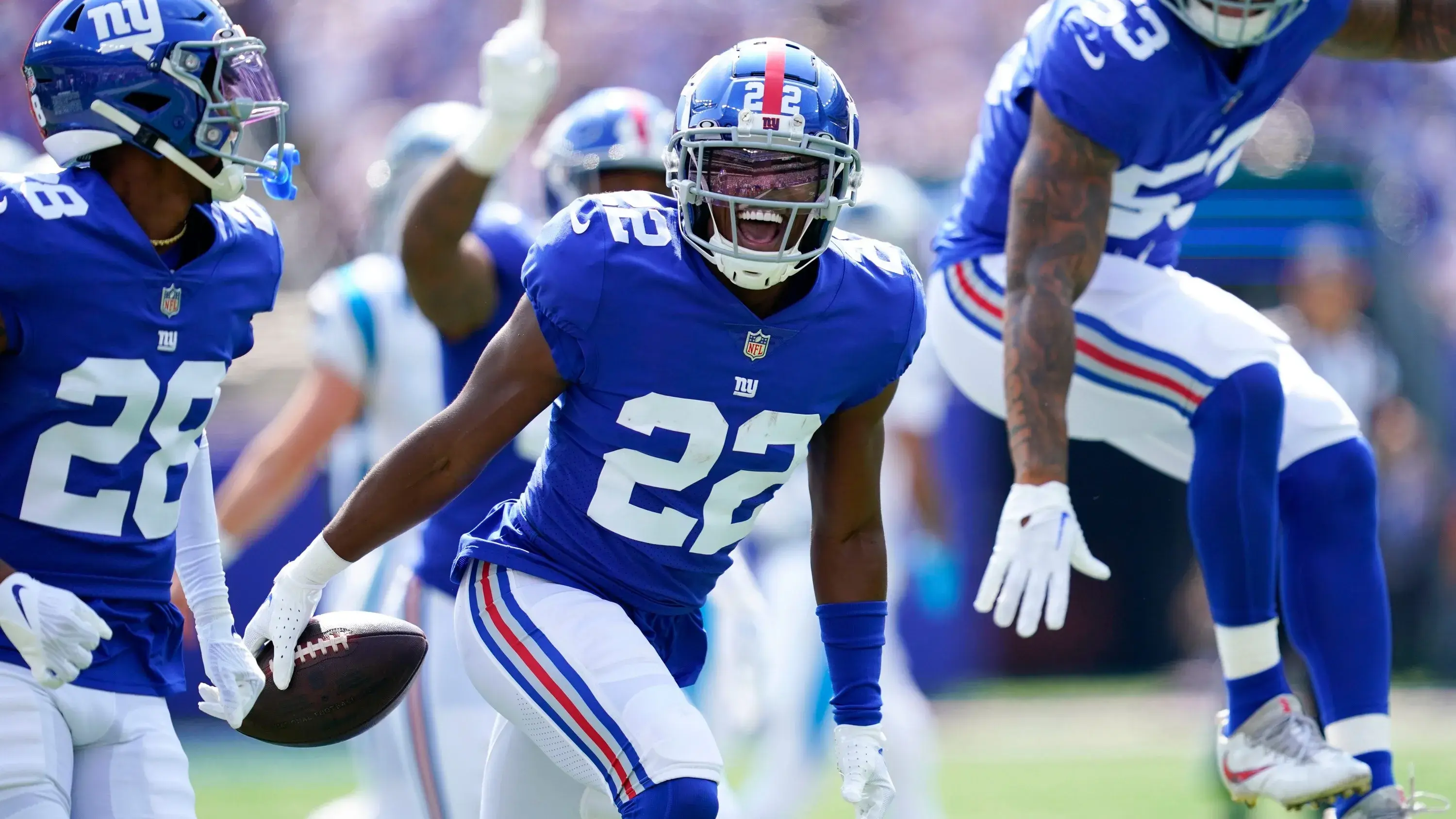 Sep 18, 2022; East Rutherford, NJ, USA; New York Giants cornerback Adoree' Jackson (22) celebrates a turnouver by the Carolina Panthers at MetLife Stadium. / Danielle Parhizkaran-USA TODAY Sports