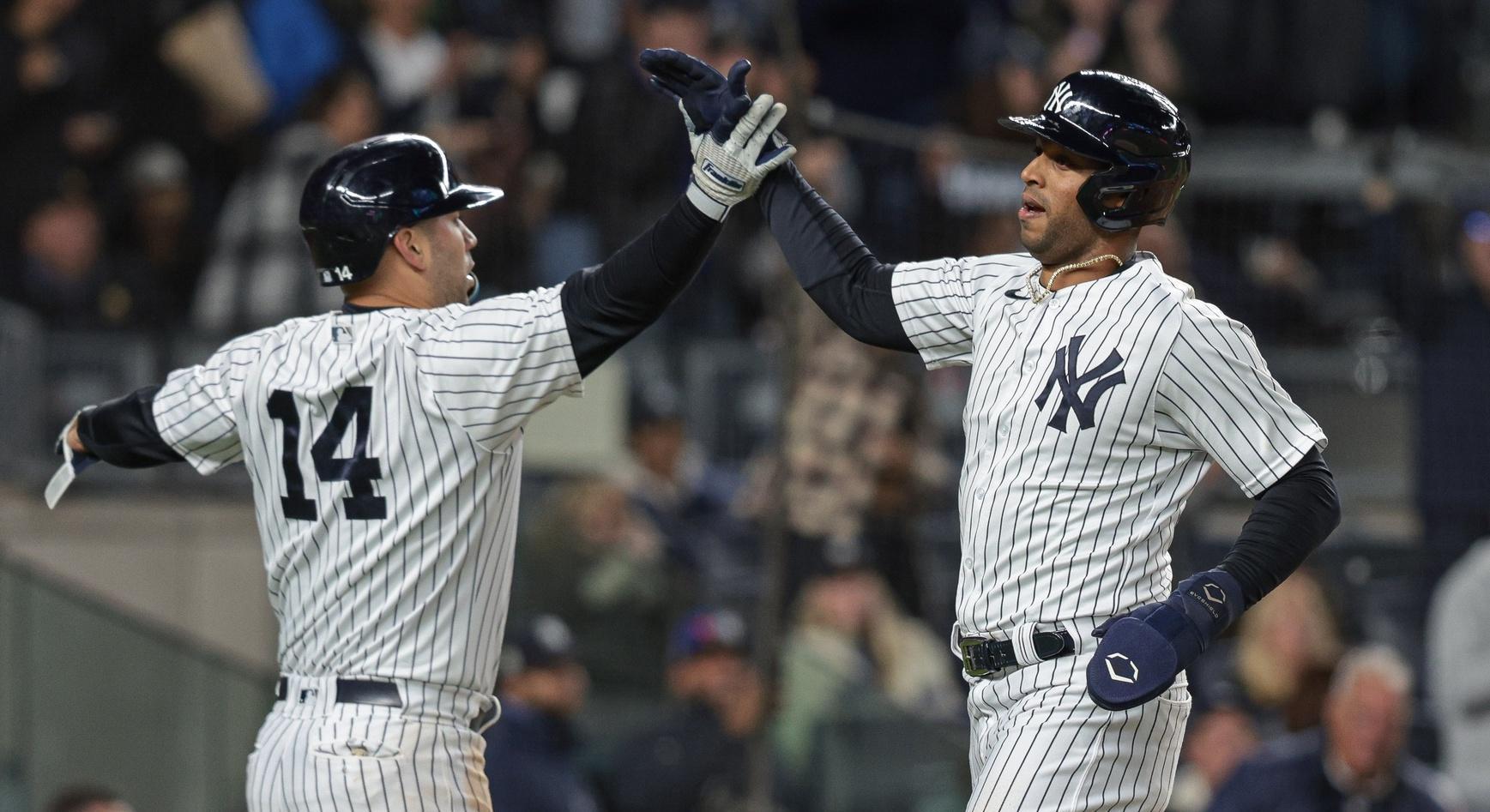 New York Yankees first baseman Marwin Gonzalez (14) and left fielder Aaron Hicks (31) celebrate after scoring during the fifth inning against the Boston Red Sox at Yankee Stadium.