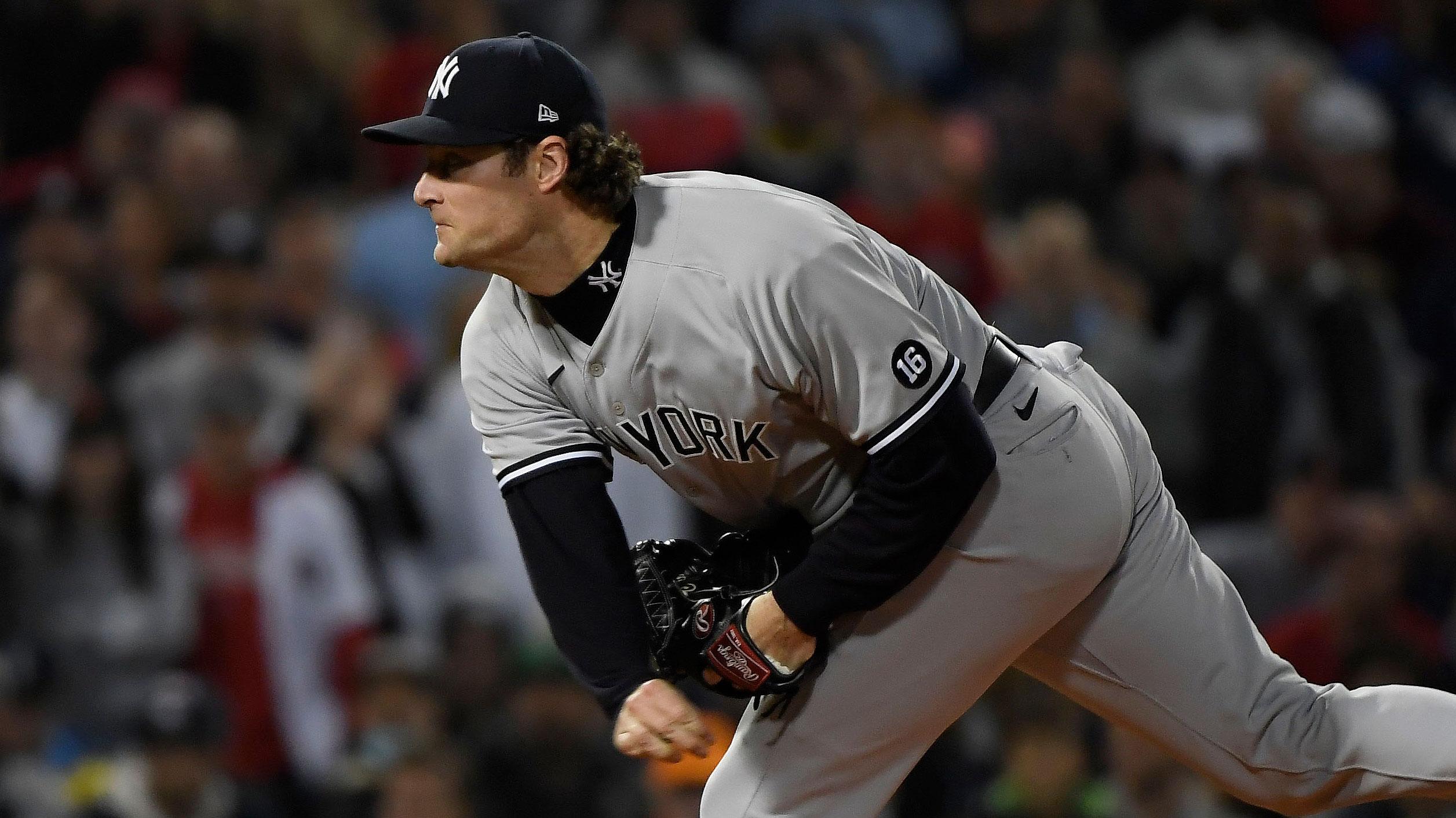 Oct 5, 2021; Boston, Massachusetts, USA; New York Yankees starting pitcher Gerrit Cole (45) throws against the Boston Red Sox during the first inning of the American League Wildcard game at Fenway Park.