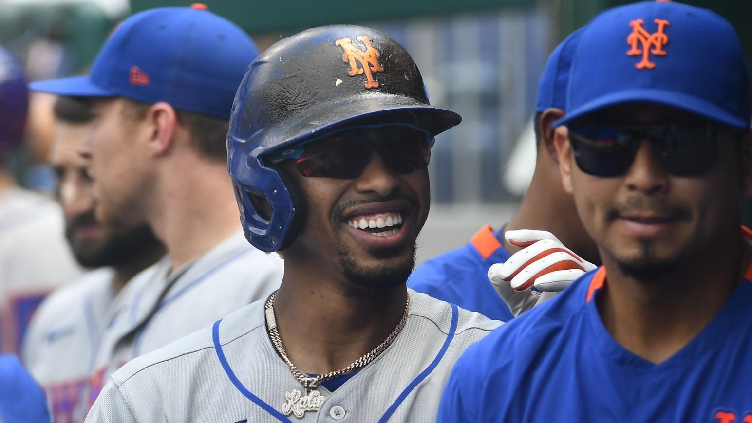 Jun 19, 2021; Washington, District of Columbia, USA; New York Mets shortstop Francisco Lindor (12) reacts after hitting a two run home run against the Washington Nationals during the fifth inning at Nationals Park.