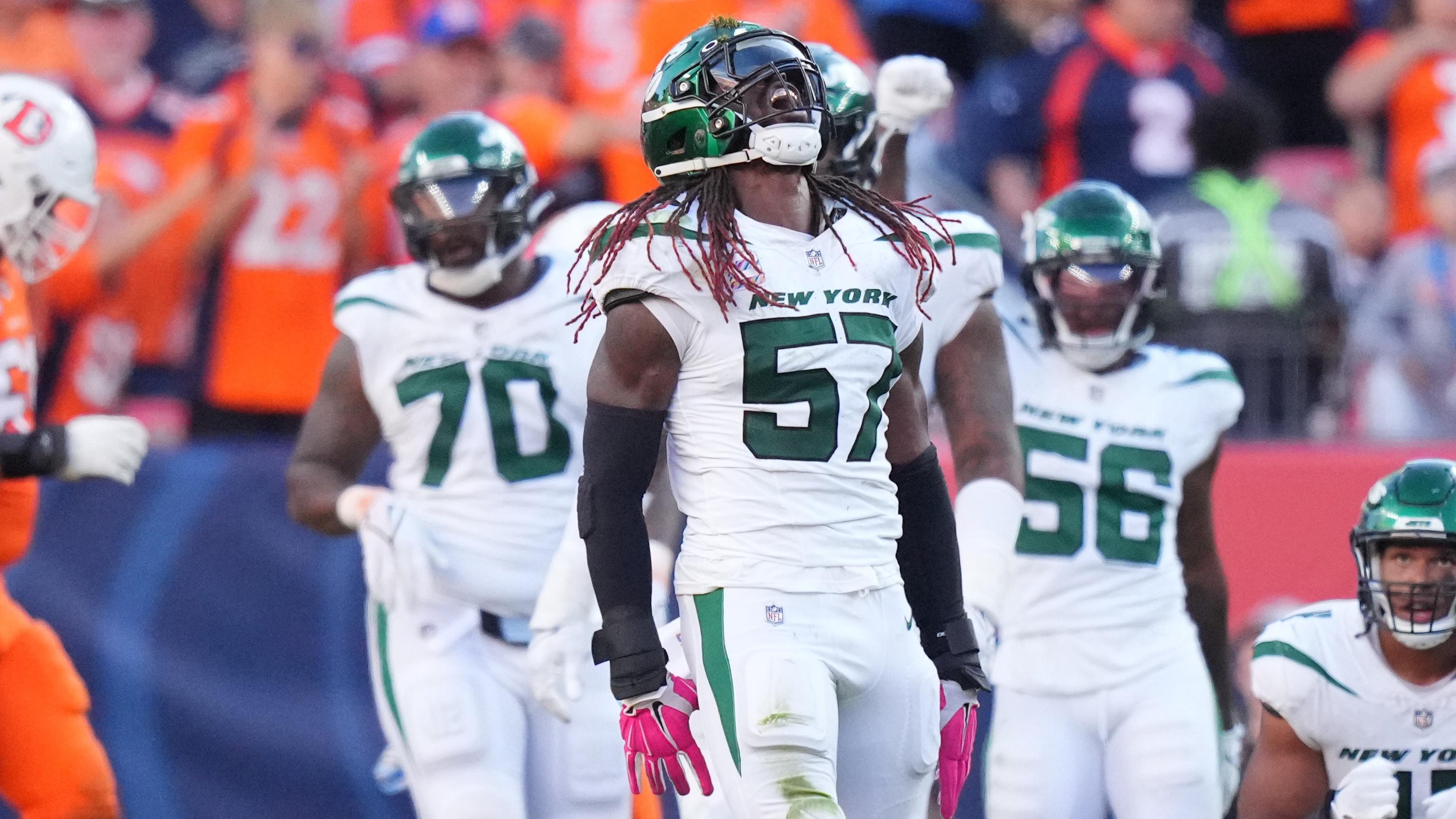 New York Jets linebacker C.J. Mosley (57) celebrates a sack in the second half against the Denver Broncos at Empower Field at Mile High