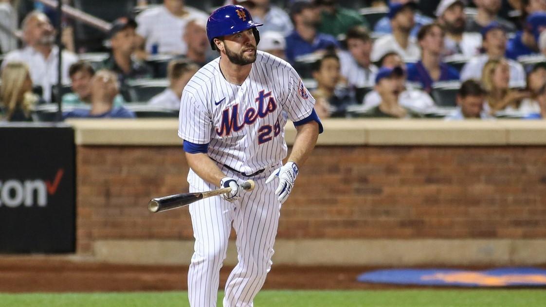 Aug 31, 2022; New York City, New York, USA; New York Mets designated hitter Darin Ruf (28) at Citi Field.