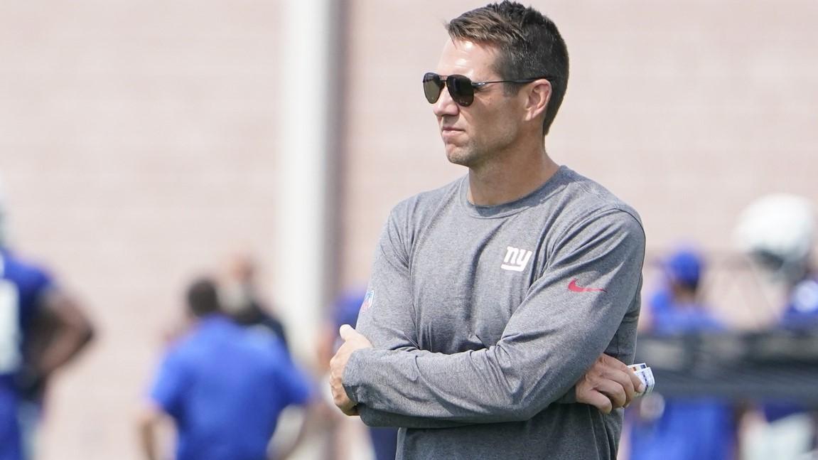 Jul 27, 2023; East Rutherford, NJ, USA; New York Giants general manager Joe Schoen looks on during day two of training camp at the Quest Diagnostics Training Facility.