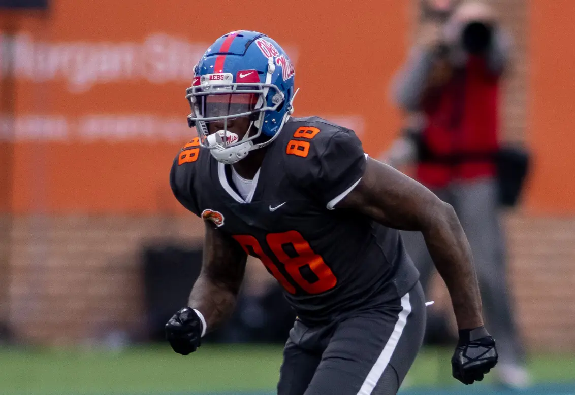 Jan 30, 2021; Mobile, AL, USA; National tight end Kenny Yeboah of Mississippi (88) runs a route in the second half of the 2021 Senior Bowl at Hancock Whitney Stadium. Mandatory Credit: Vasha Hunt-USA TODAY Sports / Vasha Hunt-USA TODAY Sports