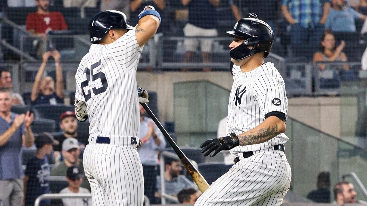 Jul 20, 2021; Bronx, New York, USA; New York Yankees catcher Gary Sanchez (24) celebrates his home run with shortstop Gleyber Torres (25) during the sixth inning against the Philadelphia Phillies at Yankee Stadium.