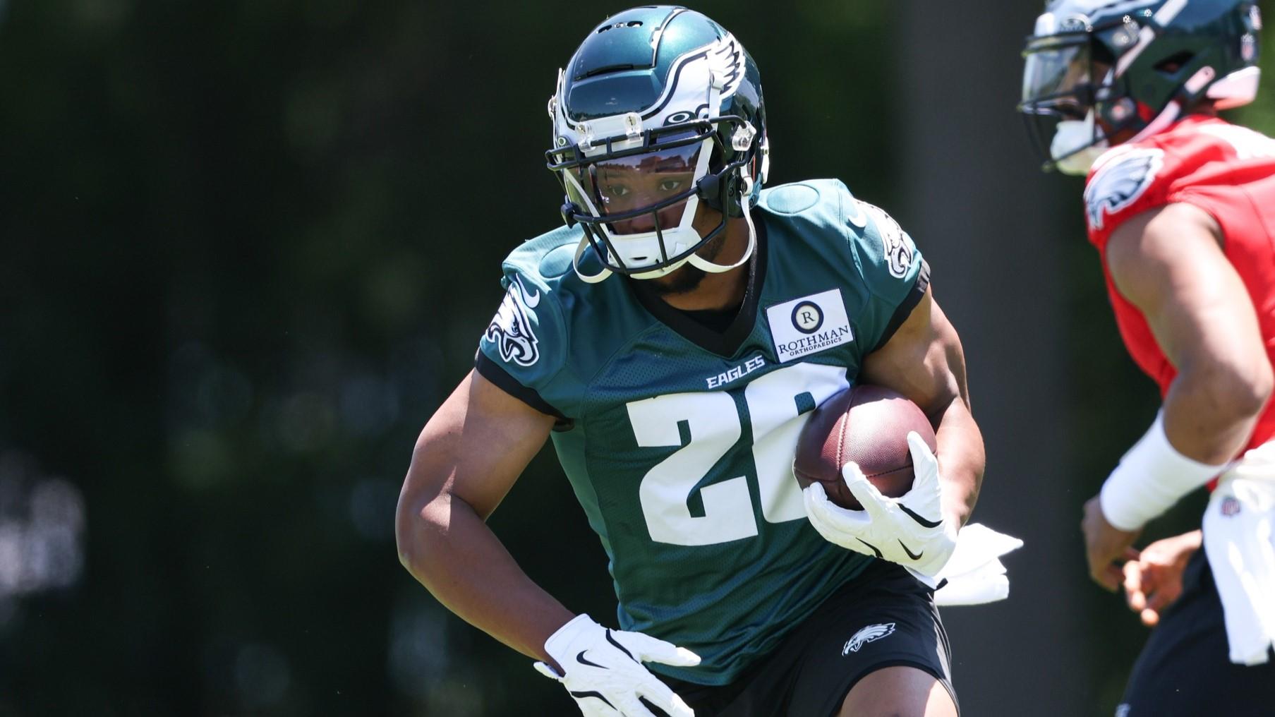 May 30, 2024; Philadelphia, PA, USA; Philadelphia Eagles running back Saquon Barkley (26) runs with the ball during practice at NovaCare Complex.